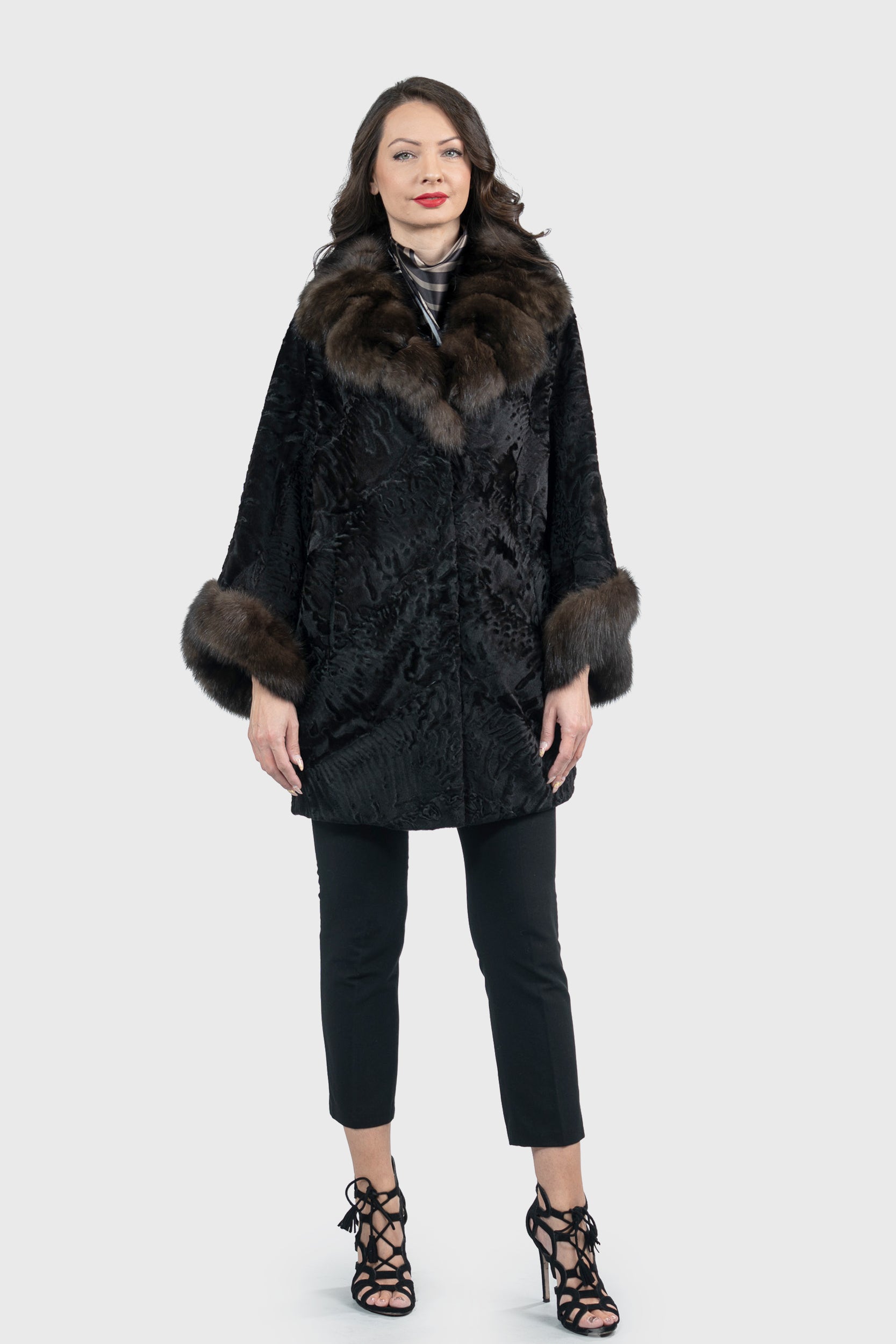 Black Swakara Cape with Russian Sable Notch Collar A/K13C848gs20v30