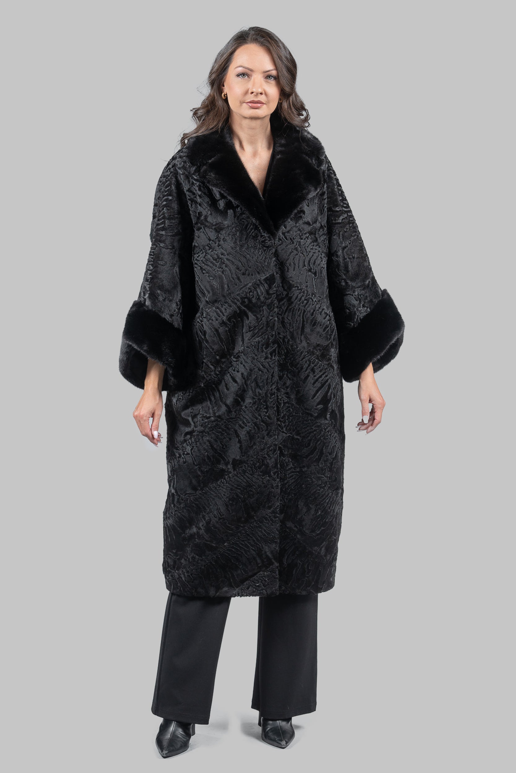 Black Swakara Coat with Mink-Trimmed Notch Collar A/K13C848s34v30
