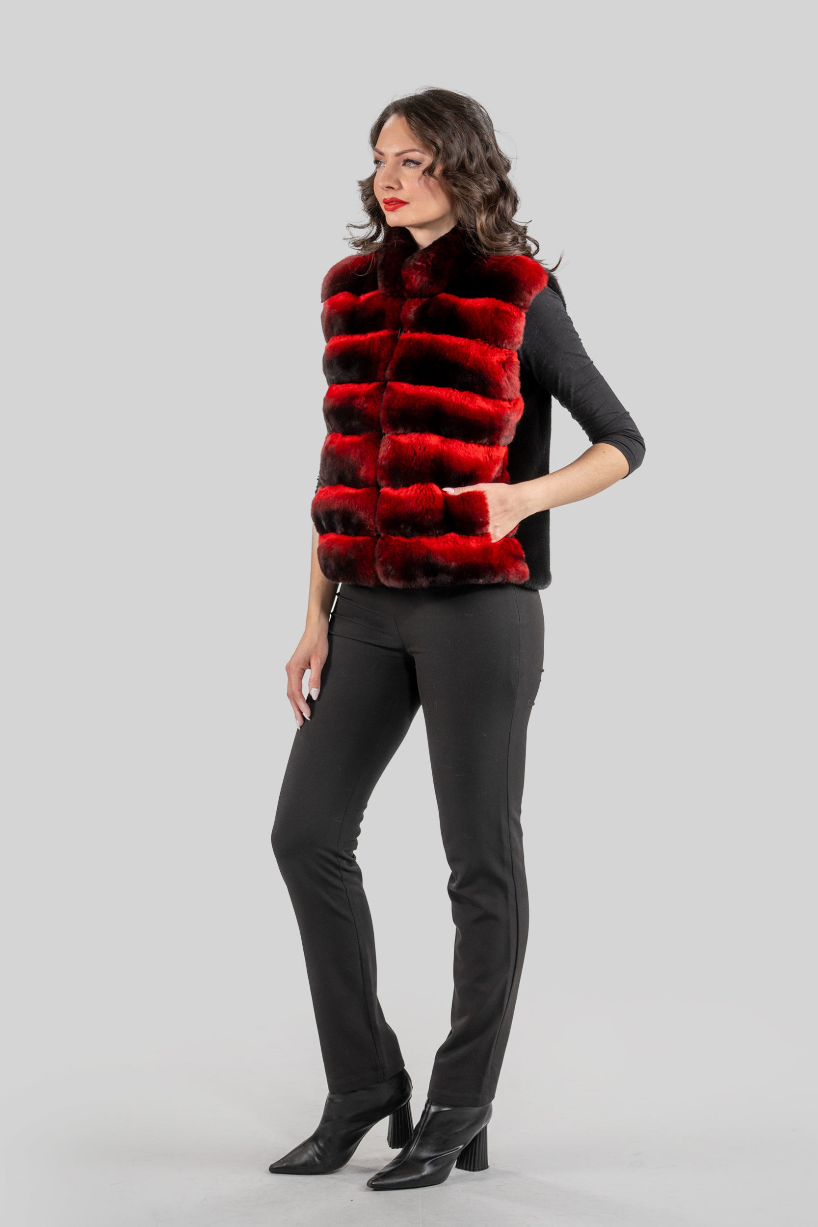 Red Chinchilla Vest with Stand Collar and Mink Trim P/K2201