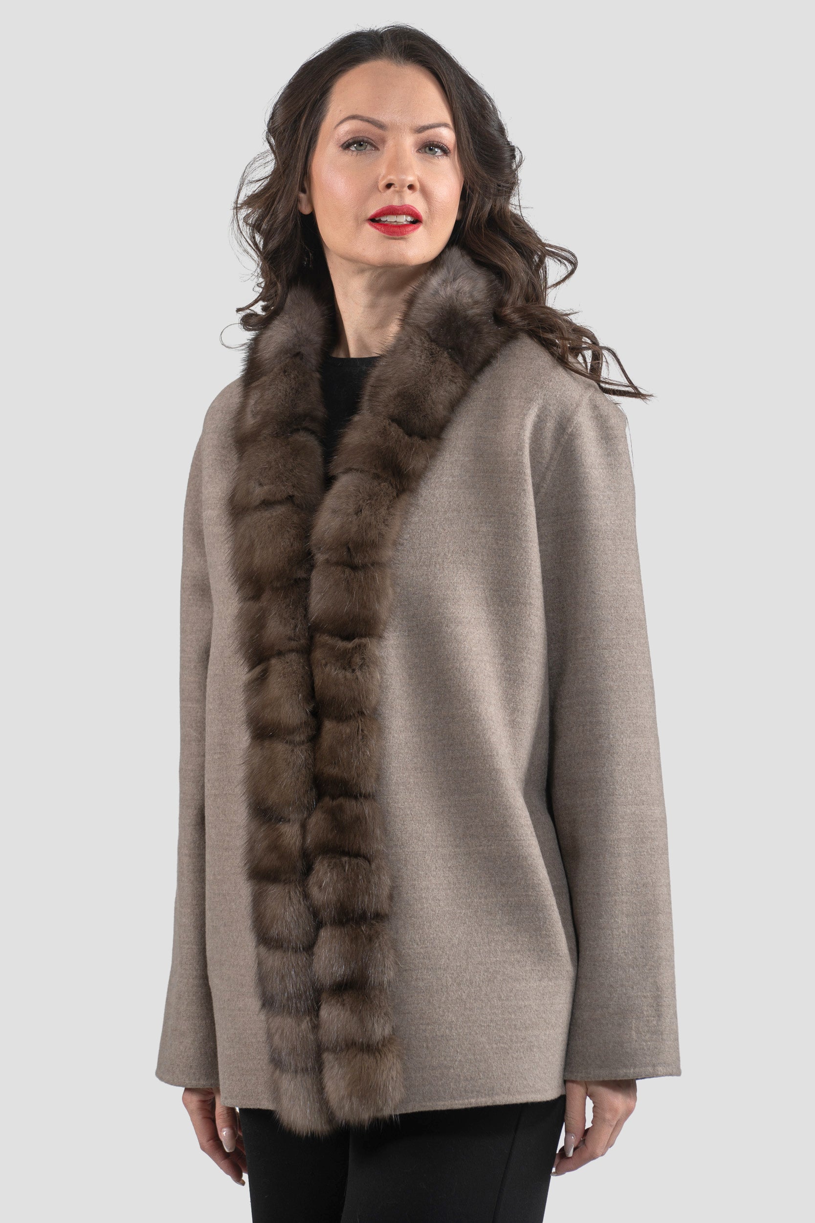 Grey Cashmere Wool Jacket with Russian Sable Trim 21C6080