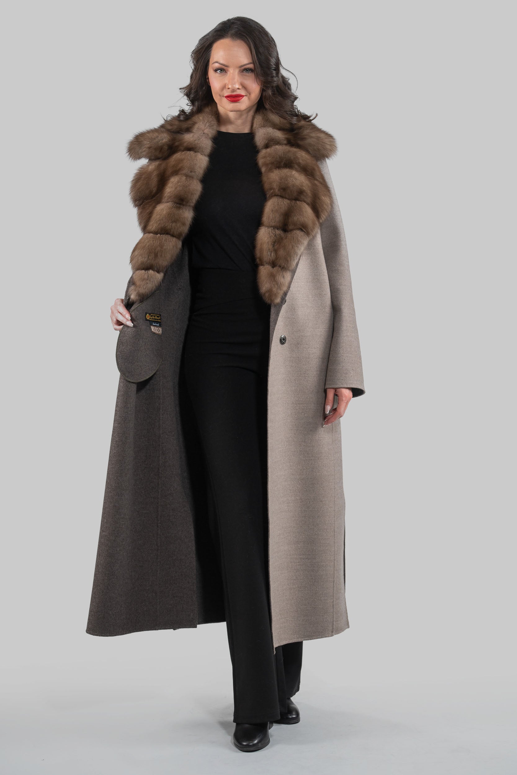 Grey Brown Cashmere Coat with Russian Sable Notch Collar 20C8060S20