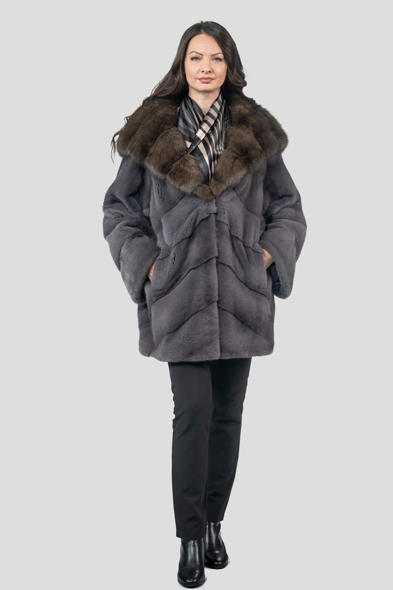 Grey Moon Mink Half Coat with Russian Sable Hood A/K850