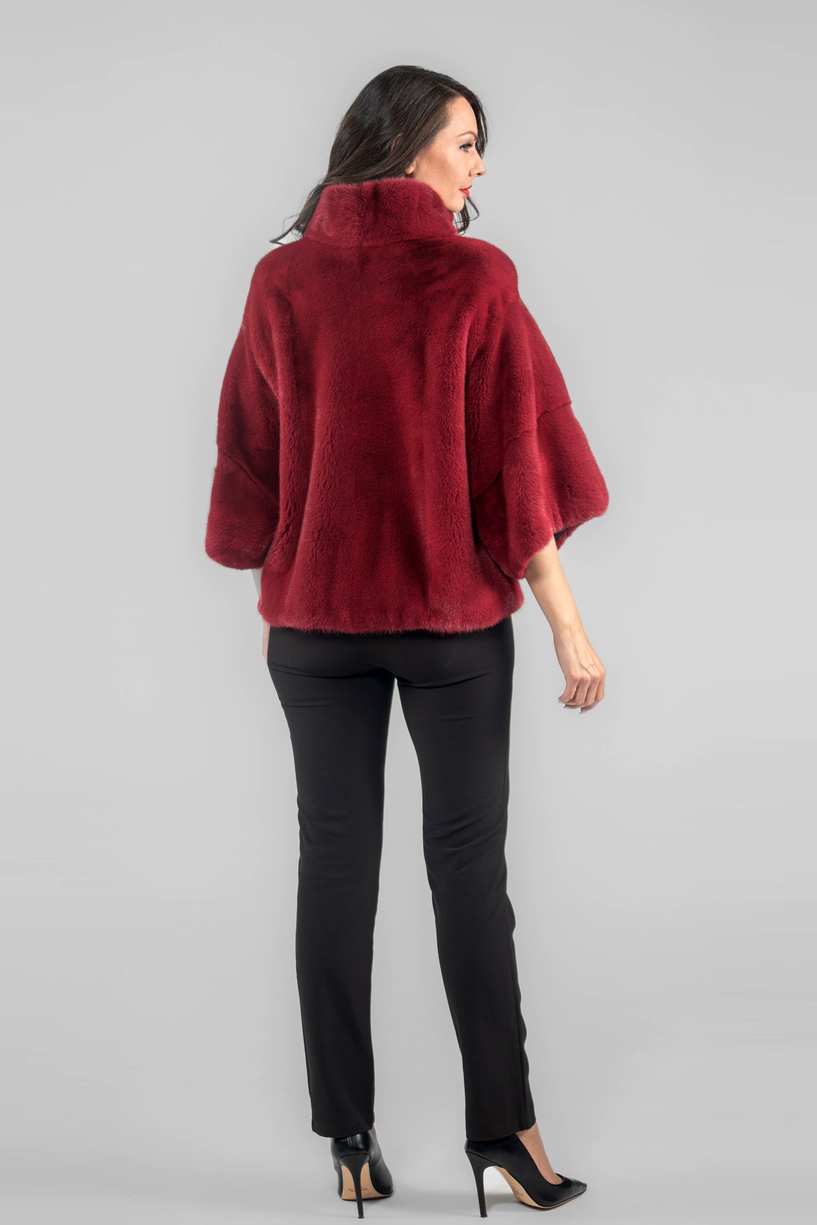 Cerise Mink Jacket with Stand Collar and Short Sleeves L/O13C138