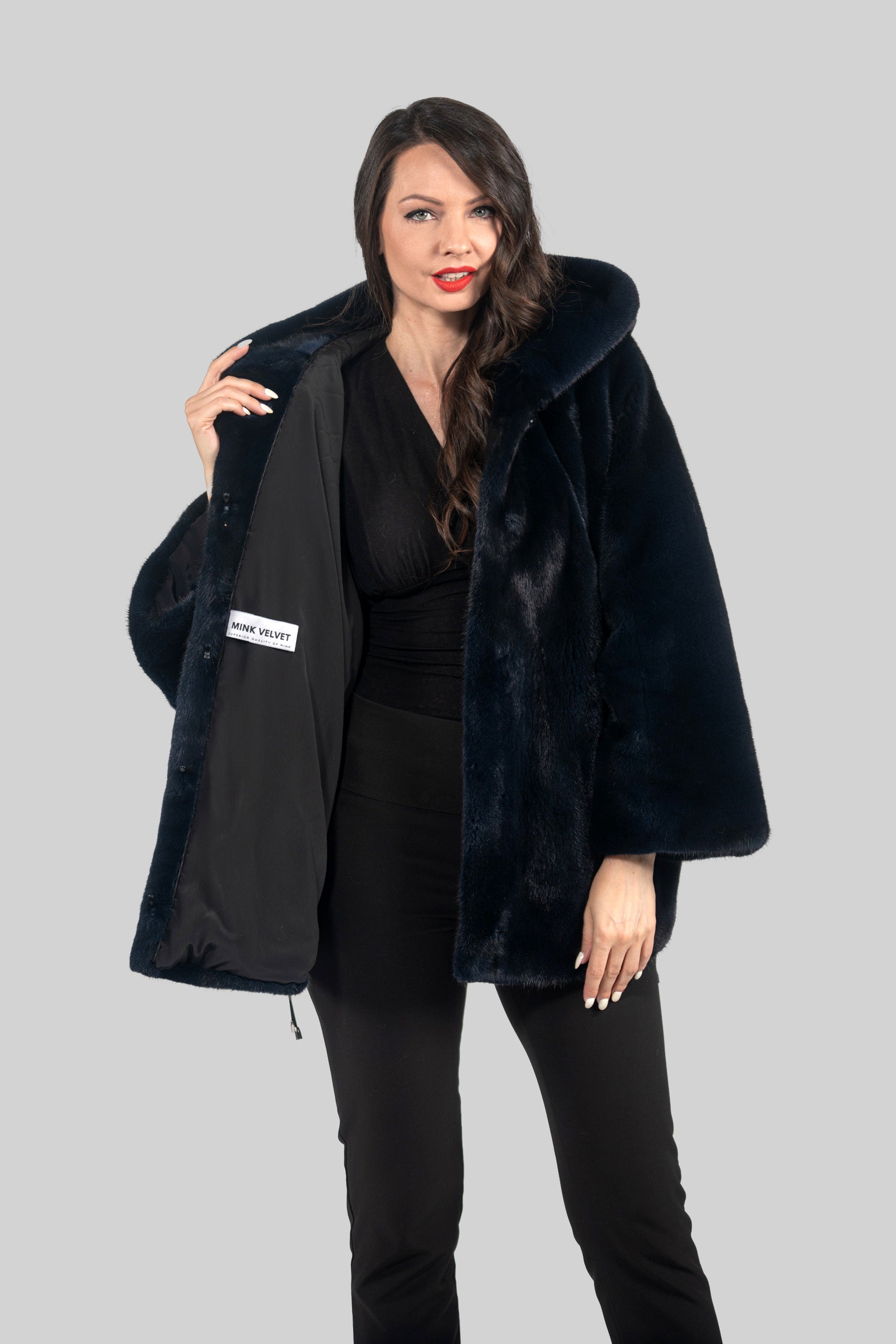 Blue Black Mink Jacket with Hood L/OR5