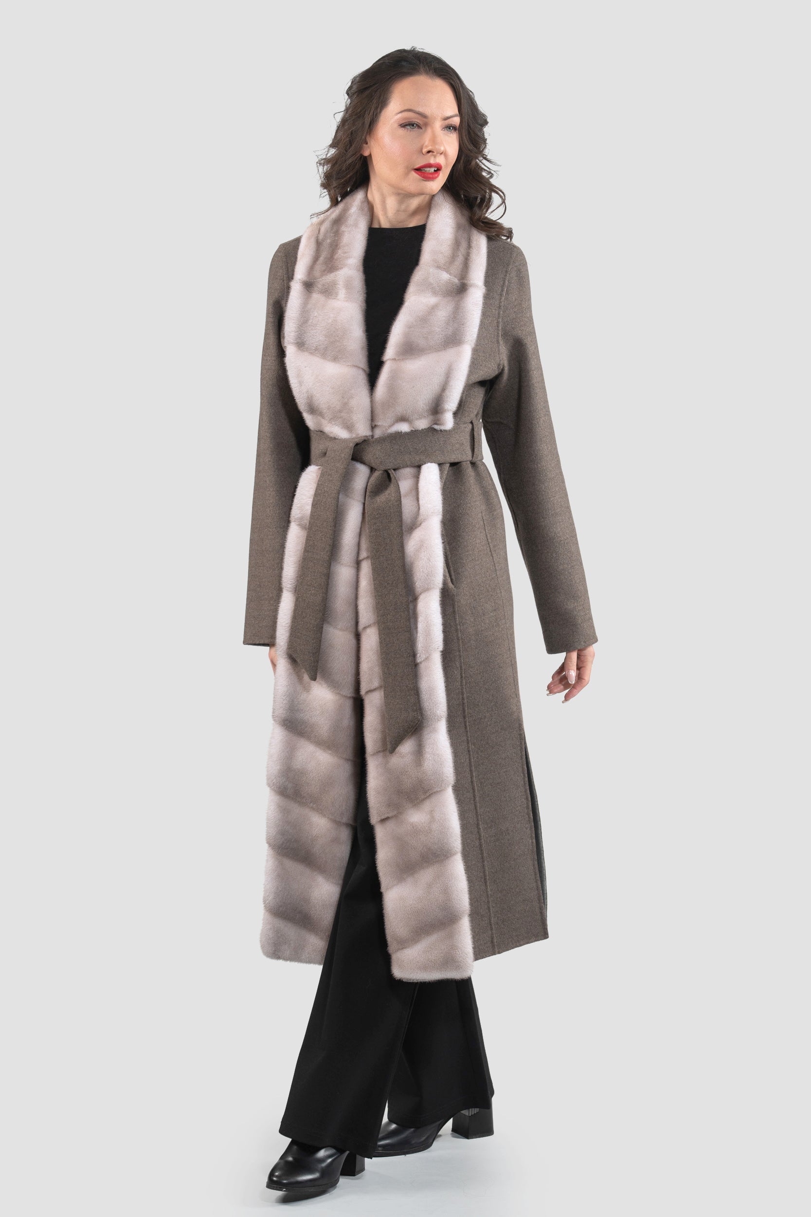 Brown Grey Cashmere Coat with Mink Trim 3321