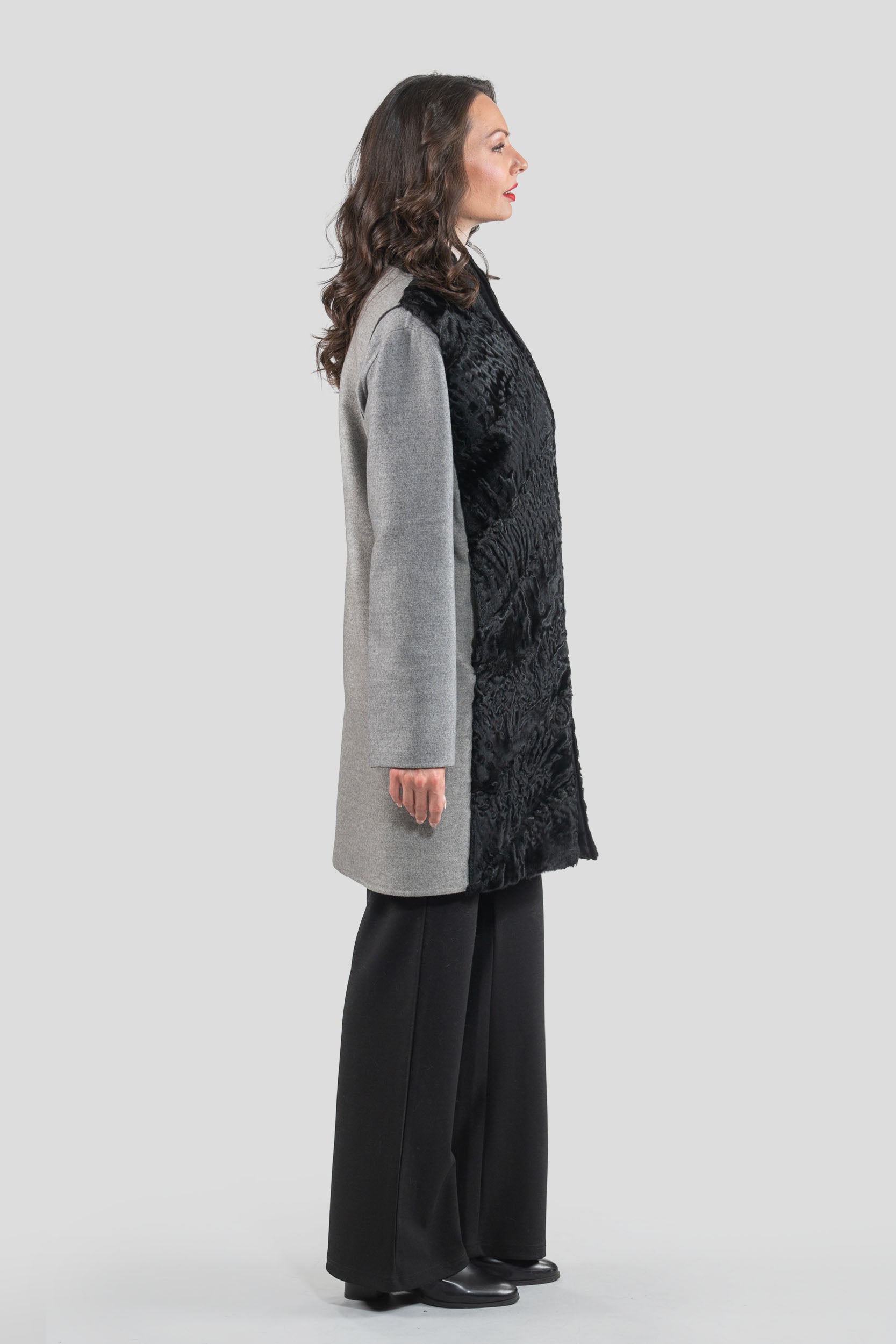 Grey Cashmere Half Coat & Vest with Swakara Fur Trim 17C8003
