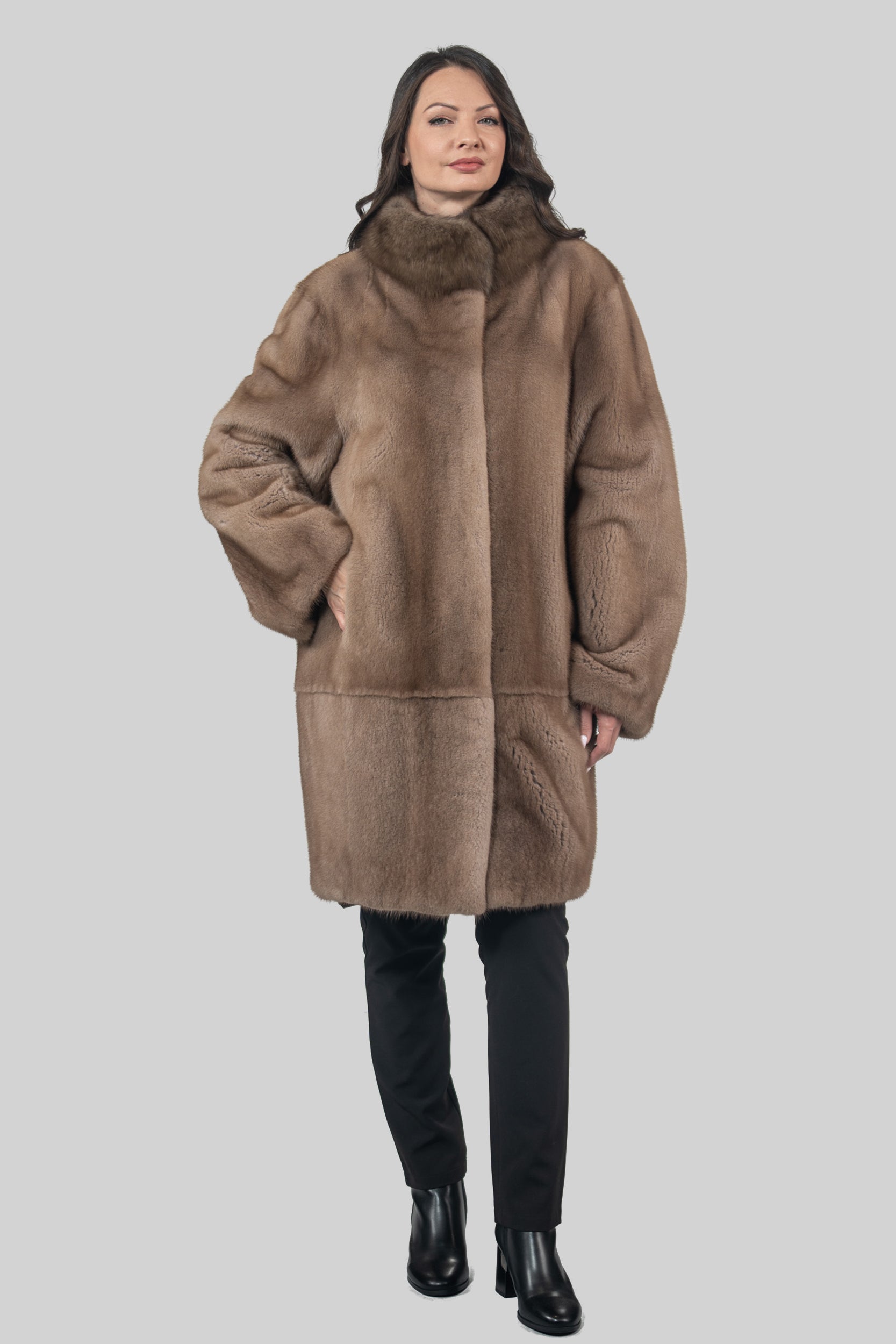 Pastel Mink Half Coat with Russian Sable-Trimmed Stand Collar CLER