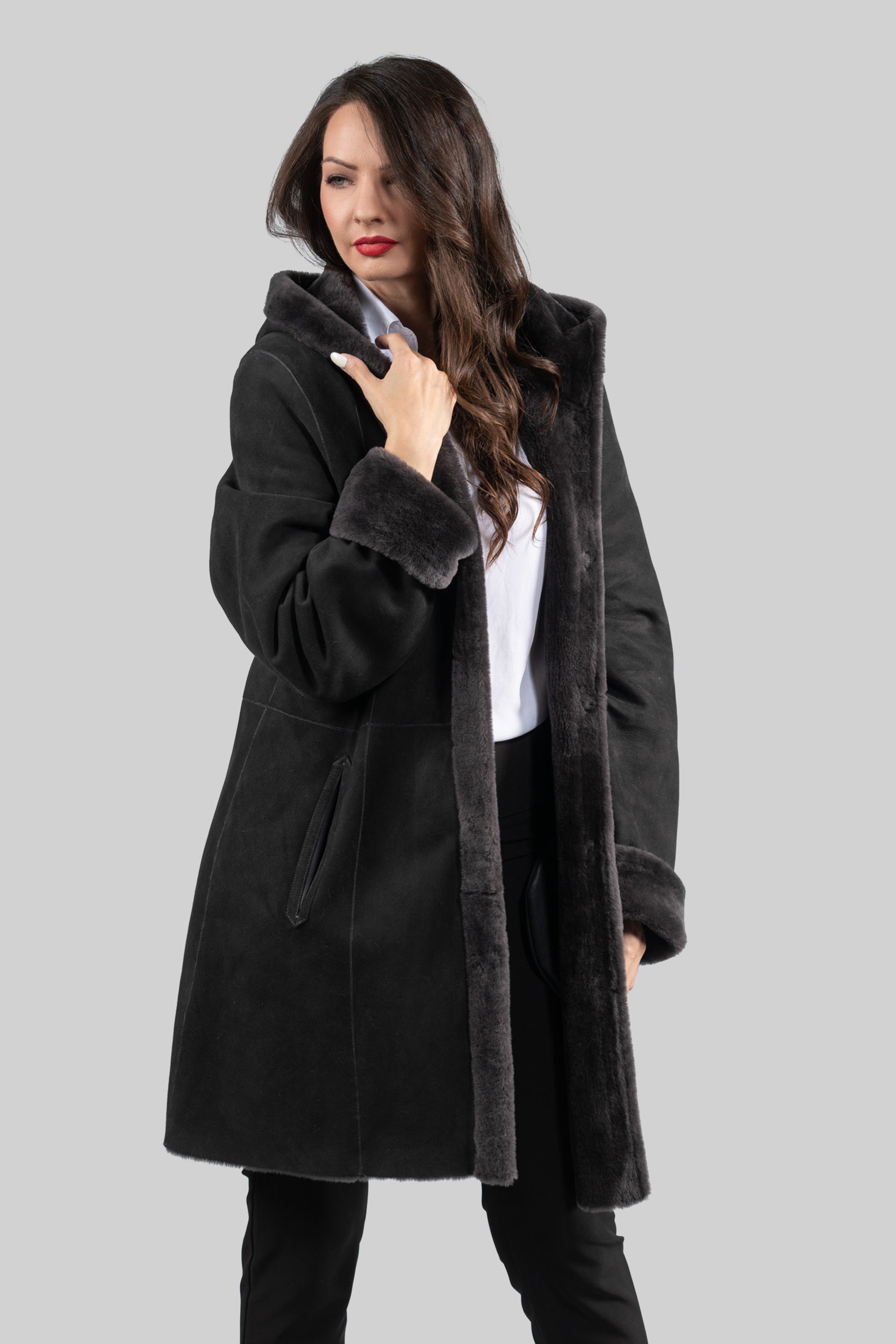 Hooded Gray Half Coat in Spanish Merino 207H