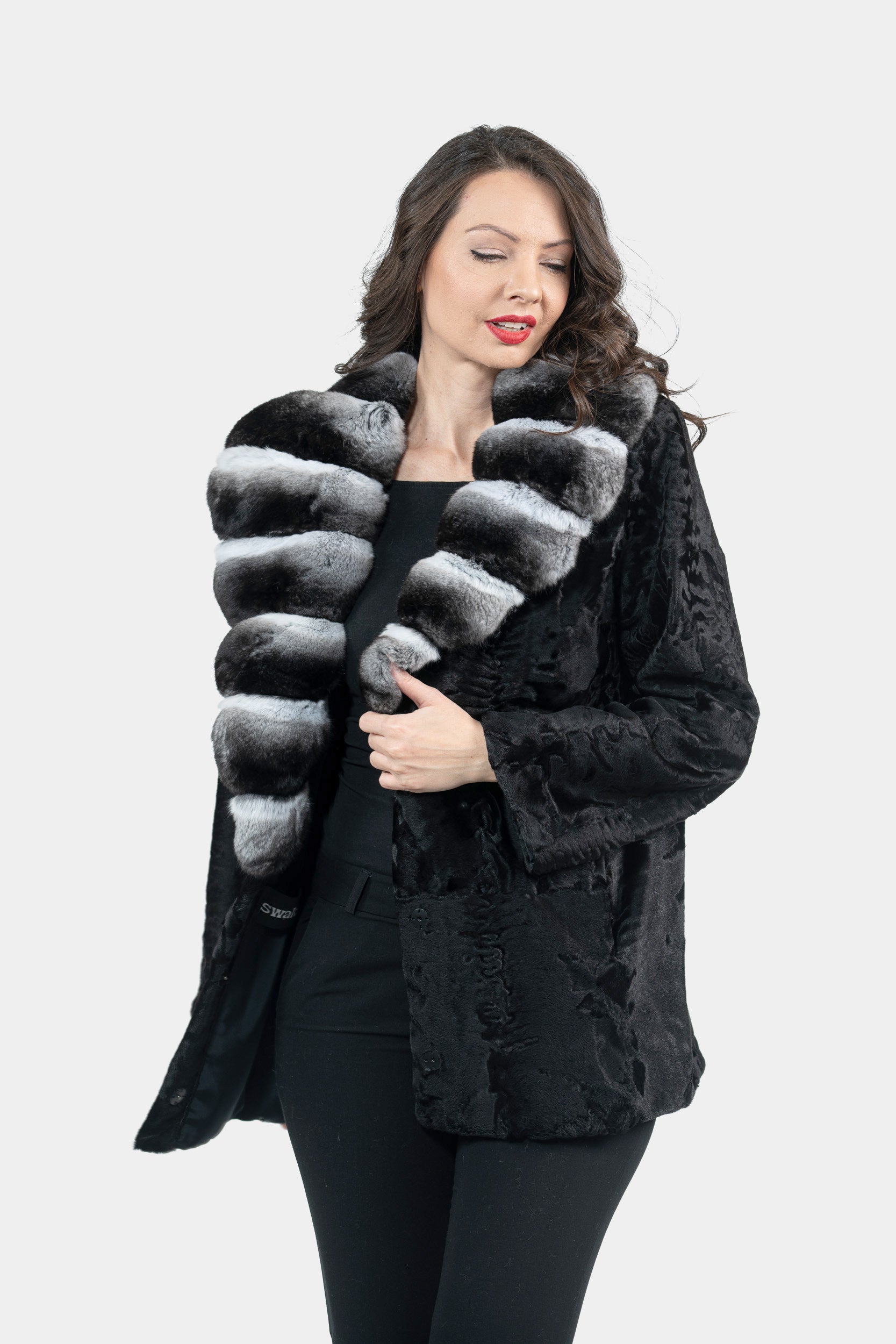 Black Swakara Jacket with Chinchilla Notch Collar S/S21C842