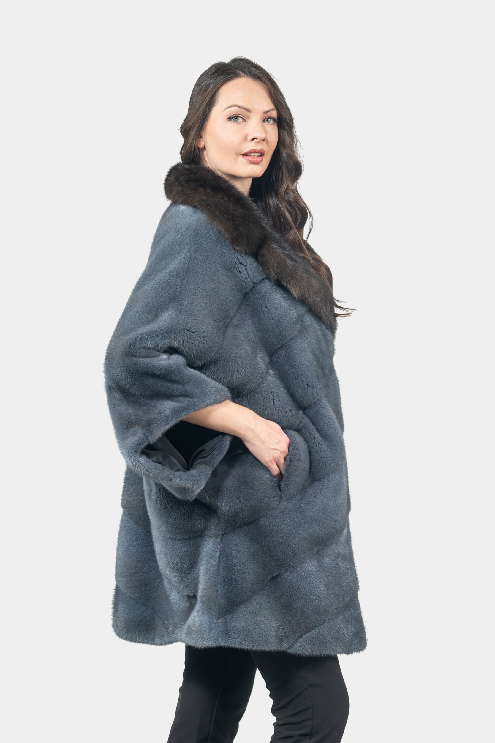 Asphalto Mink Cape with Russian Sable-Trimmed Notch Collar P/K13C949