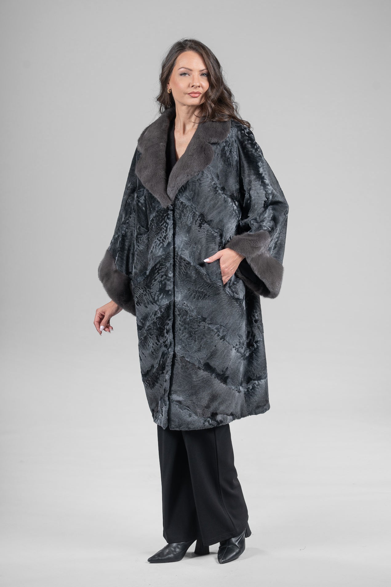 Acciaio Swakara Oversized Half Coat with Titanium Mink Trim A/K13C848gs20v30