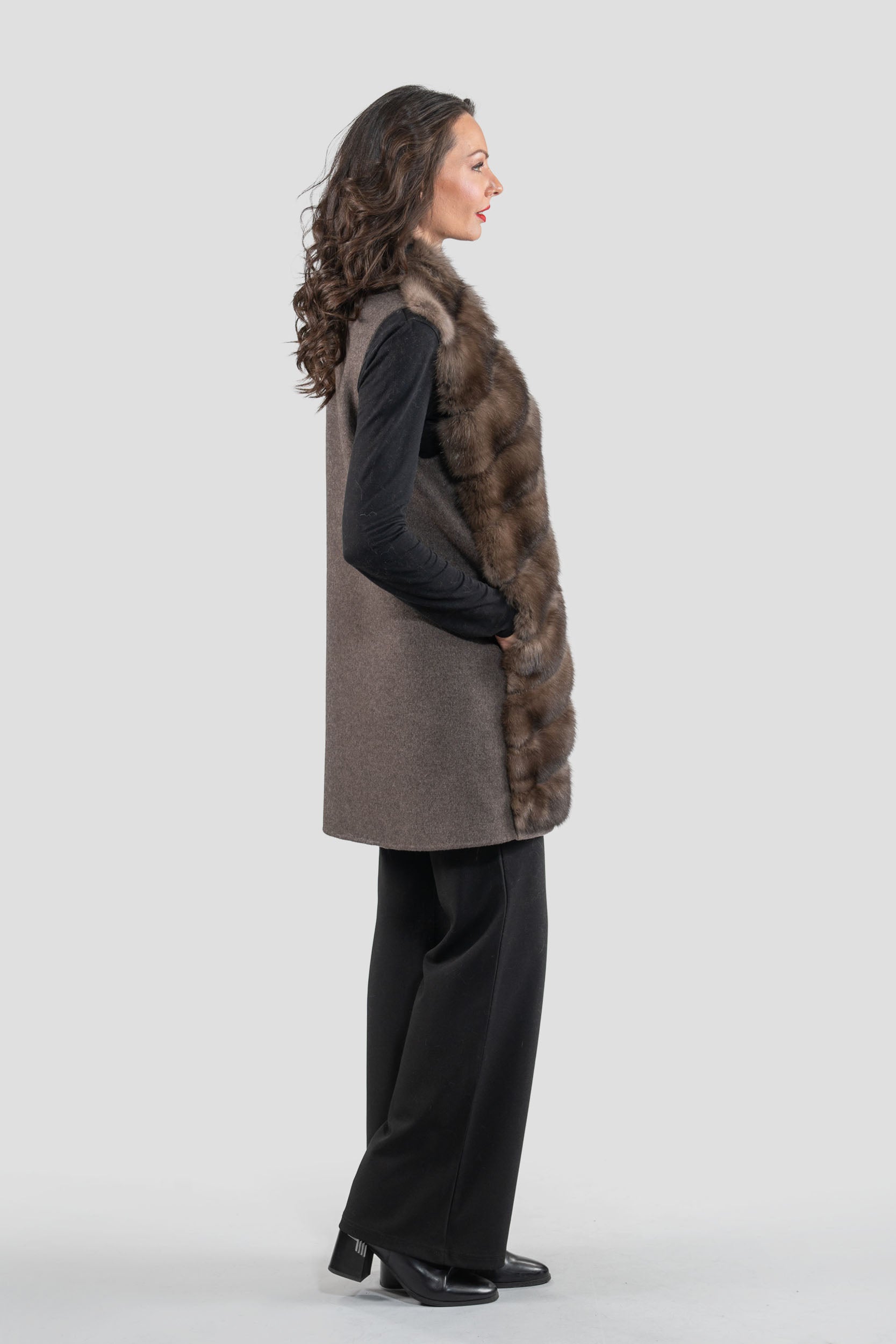 Brown Cashmere Vest with Russian Sable Trim 17C8003