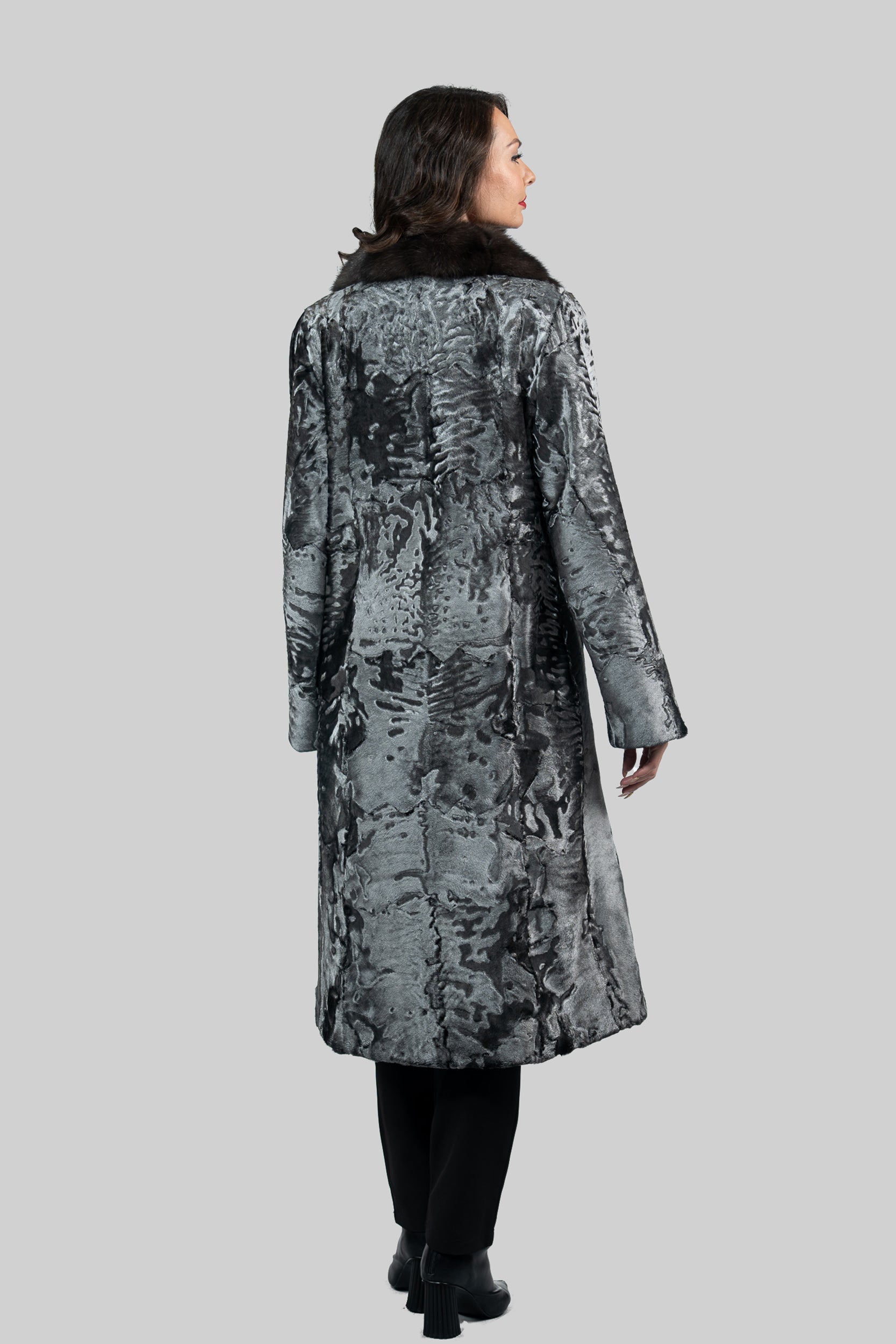 Shadow Grey Swakara Coat with Russian Sable Notch Collar S/S13C976