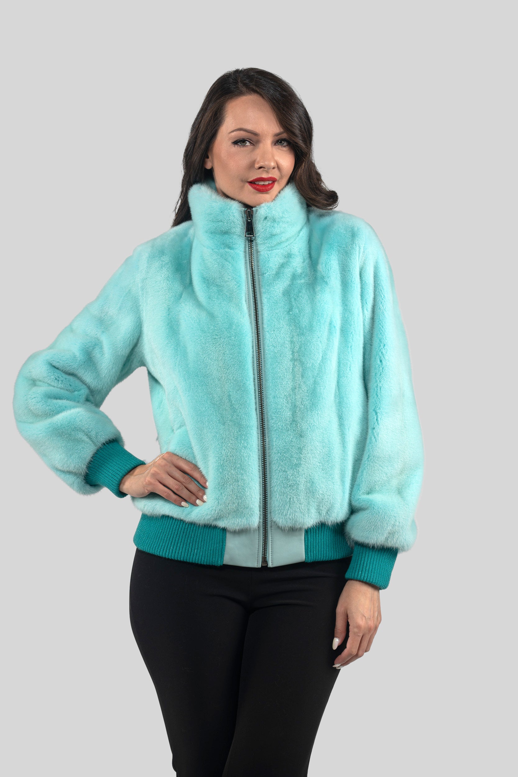 Mint Mink Bomber Jacket With stand Collar L/O13C224
