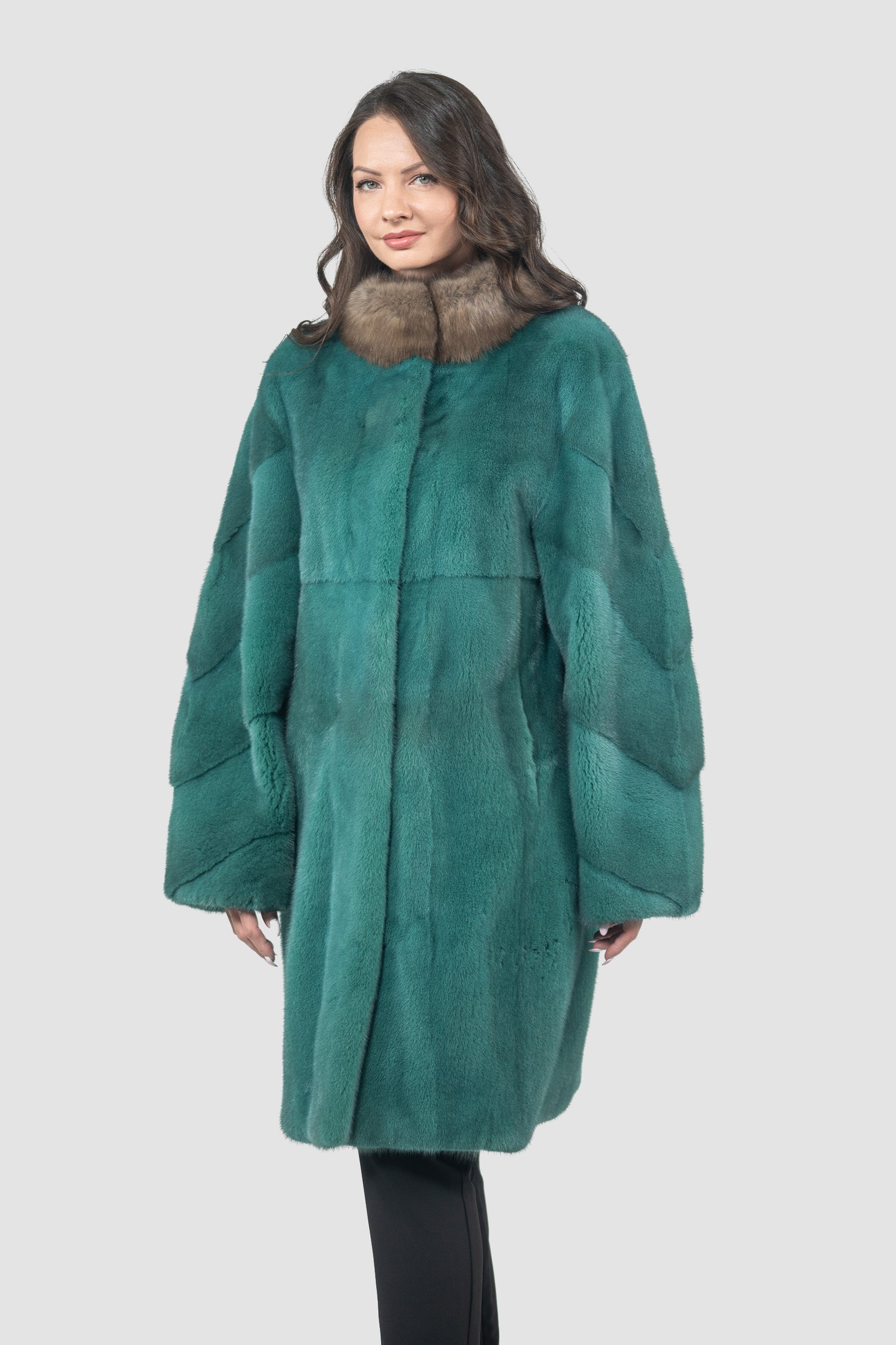 Green Mink Half Coat with Russian Sable-Trimmed Stand Collar CLER