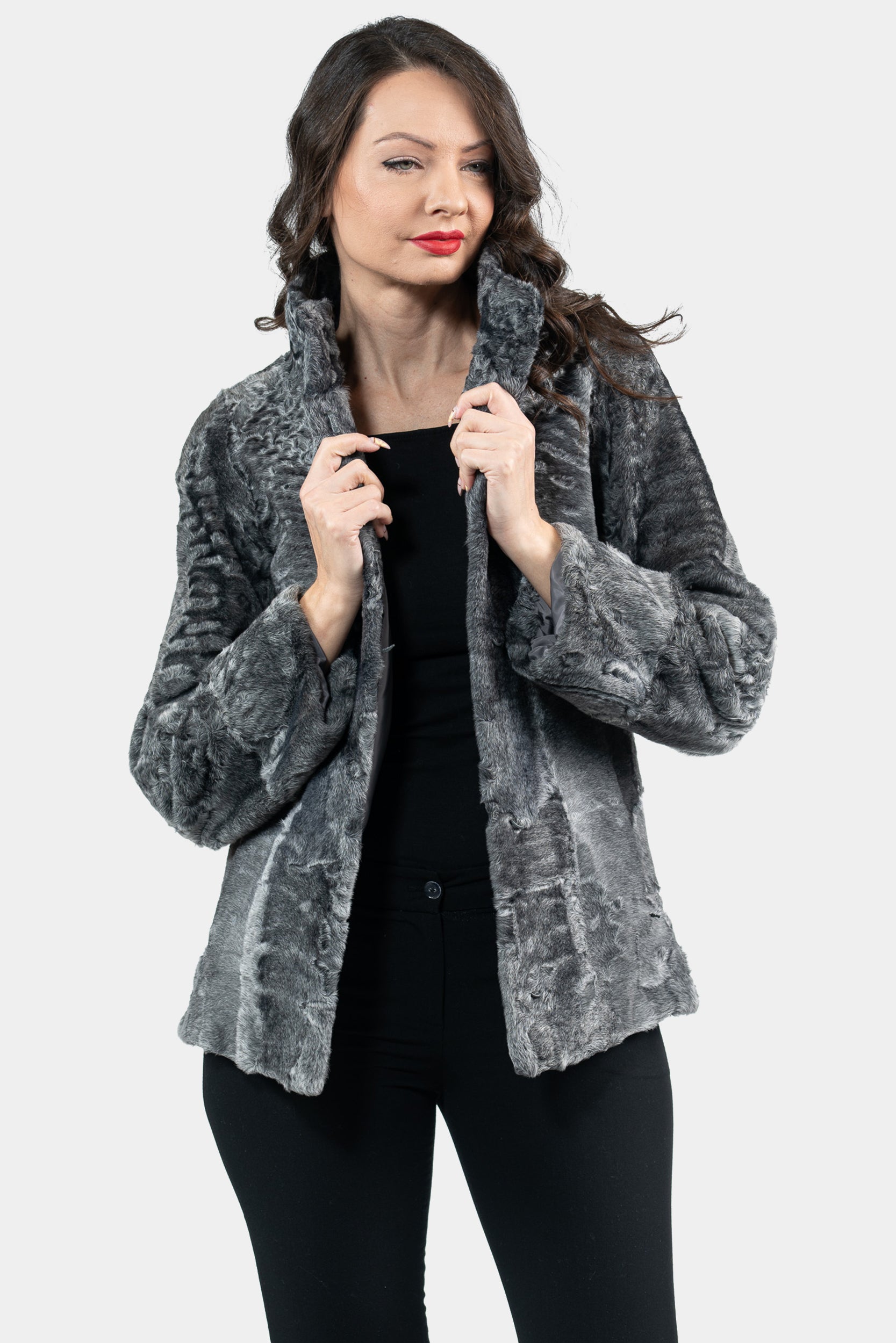 Gray Swakara Jacket with Stand Collar S/S13C528