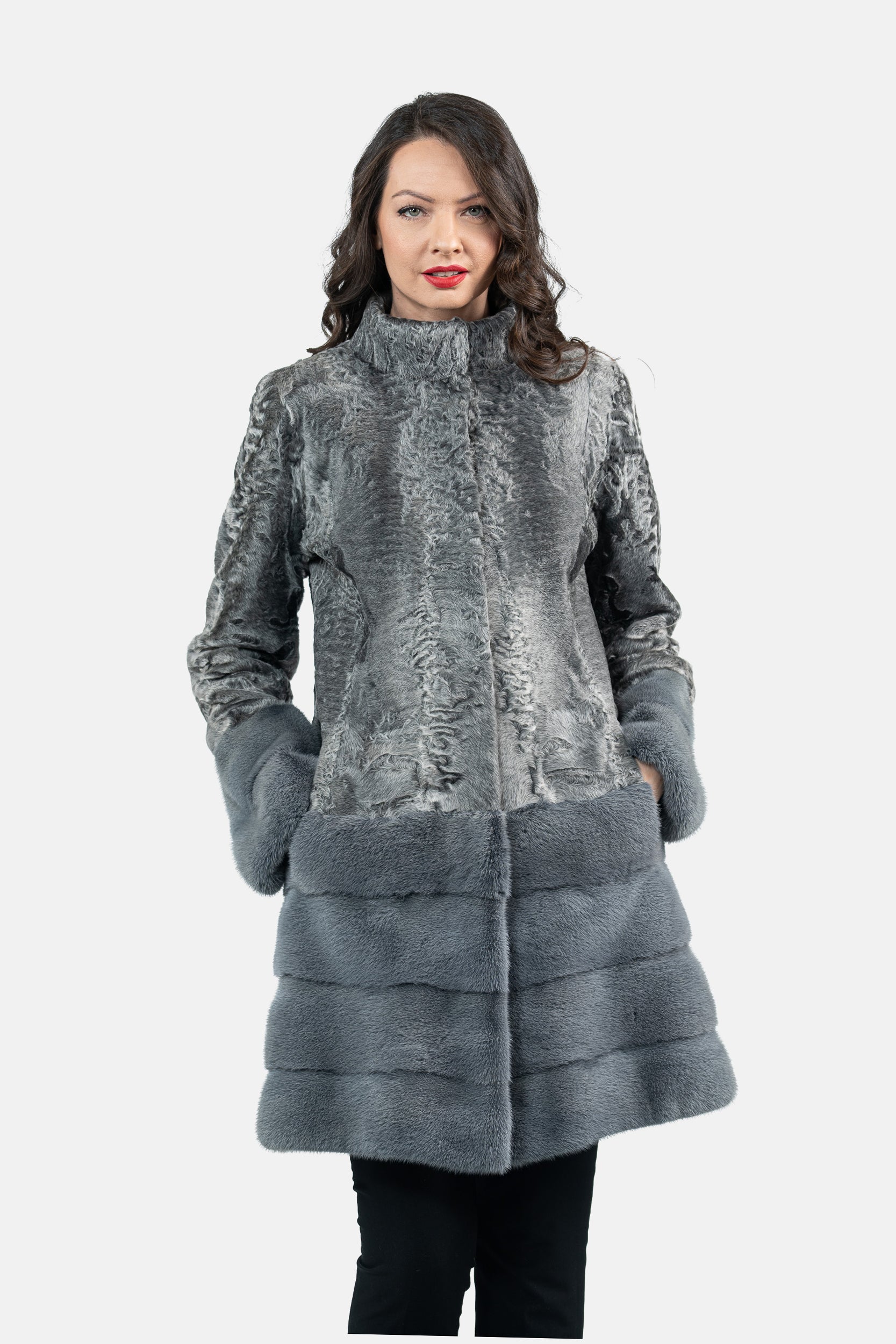 Gray Swakara Half Coat with Mink Trimmed Hem S/SR/K21999