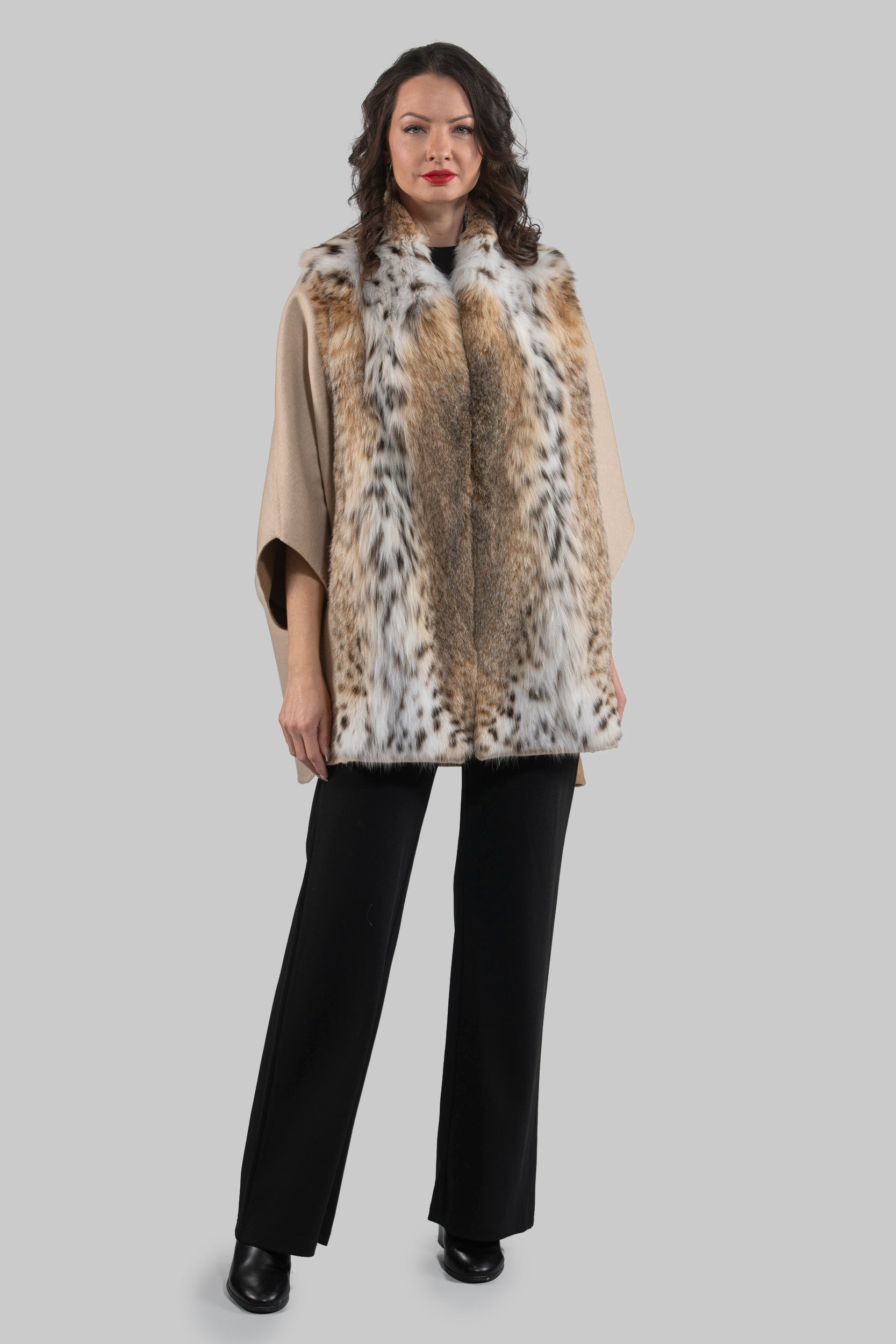 Ecru Cashmere Cape with Bobcat Fur Trim 18M950