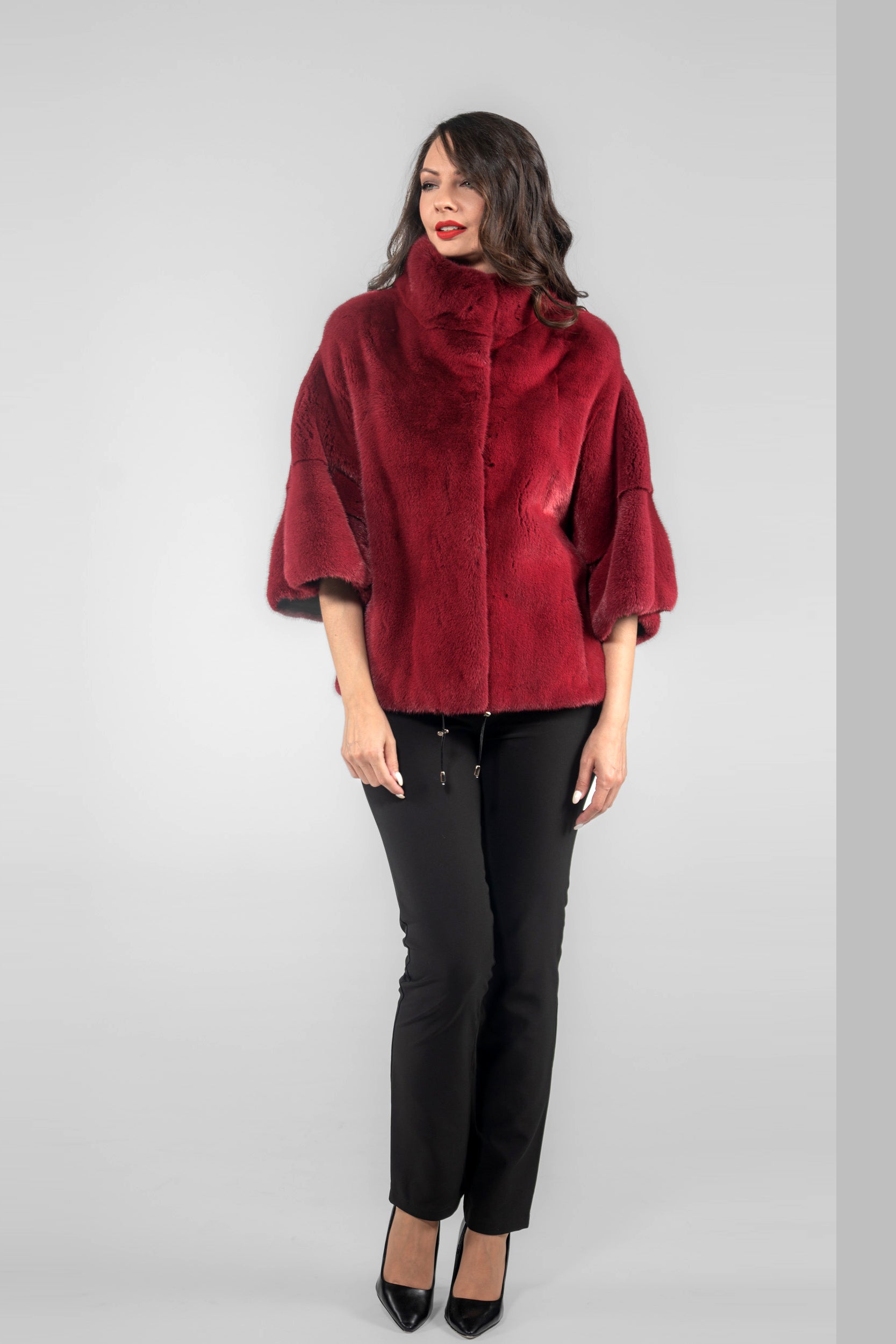 Cerise Mink Jacket with Stand Collar and Short Sleeves L/O13C138