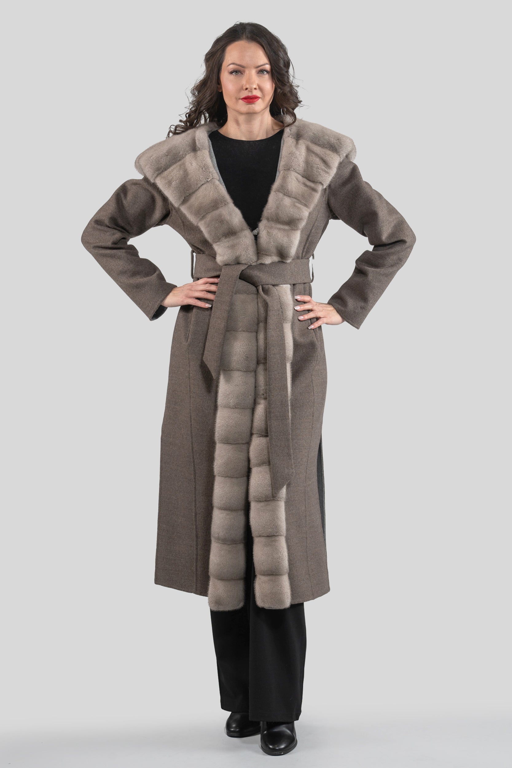 Grey Brown Cashmere Hooded Coat with Mink Trim 21C6080H540
