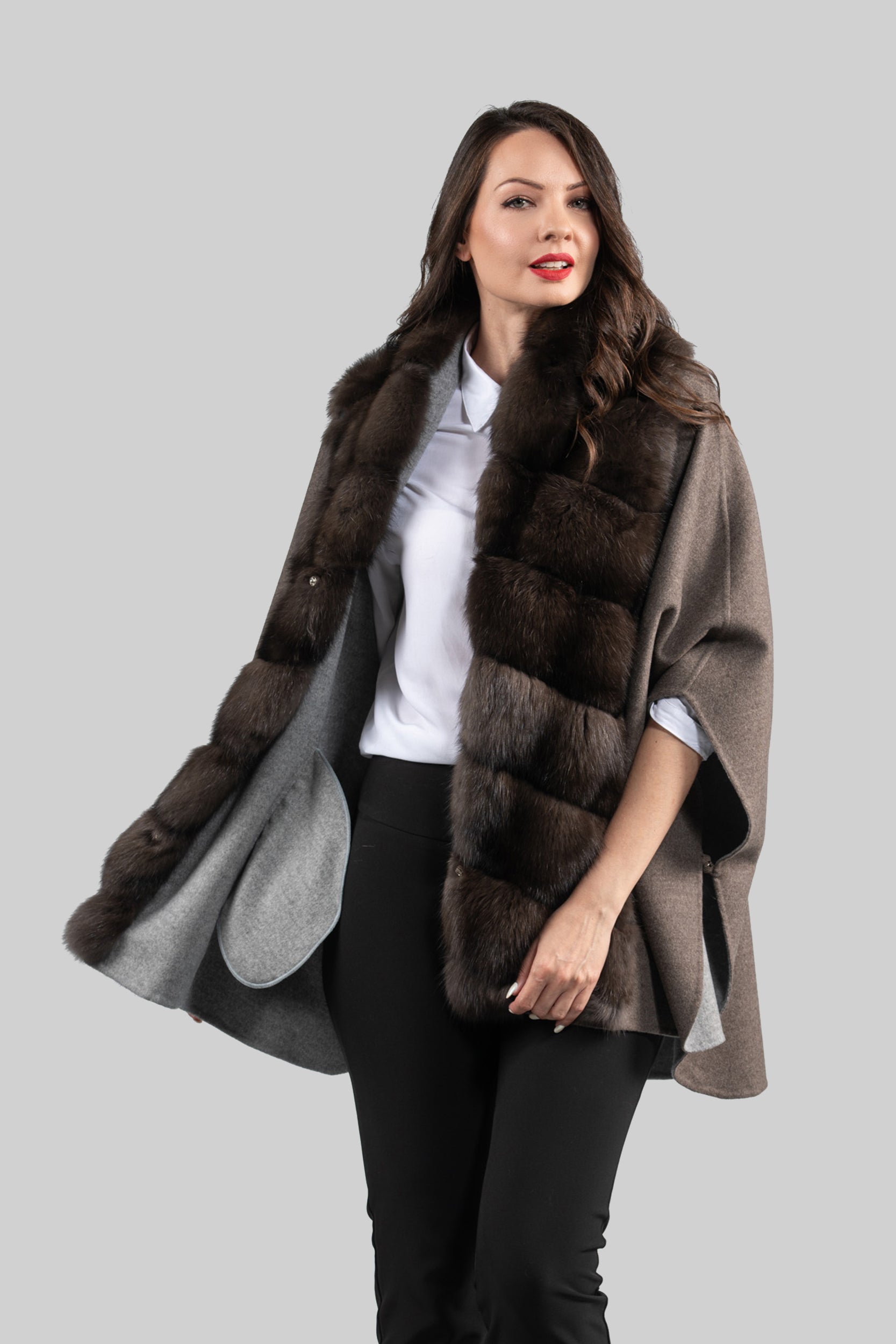 Brown Gray Cashmere Cape with Russian Sable Trim 18M950