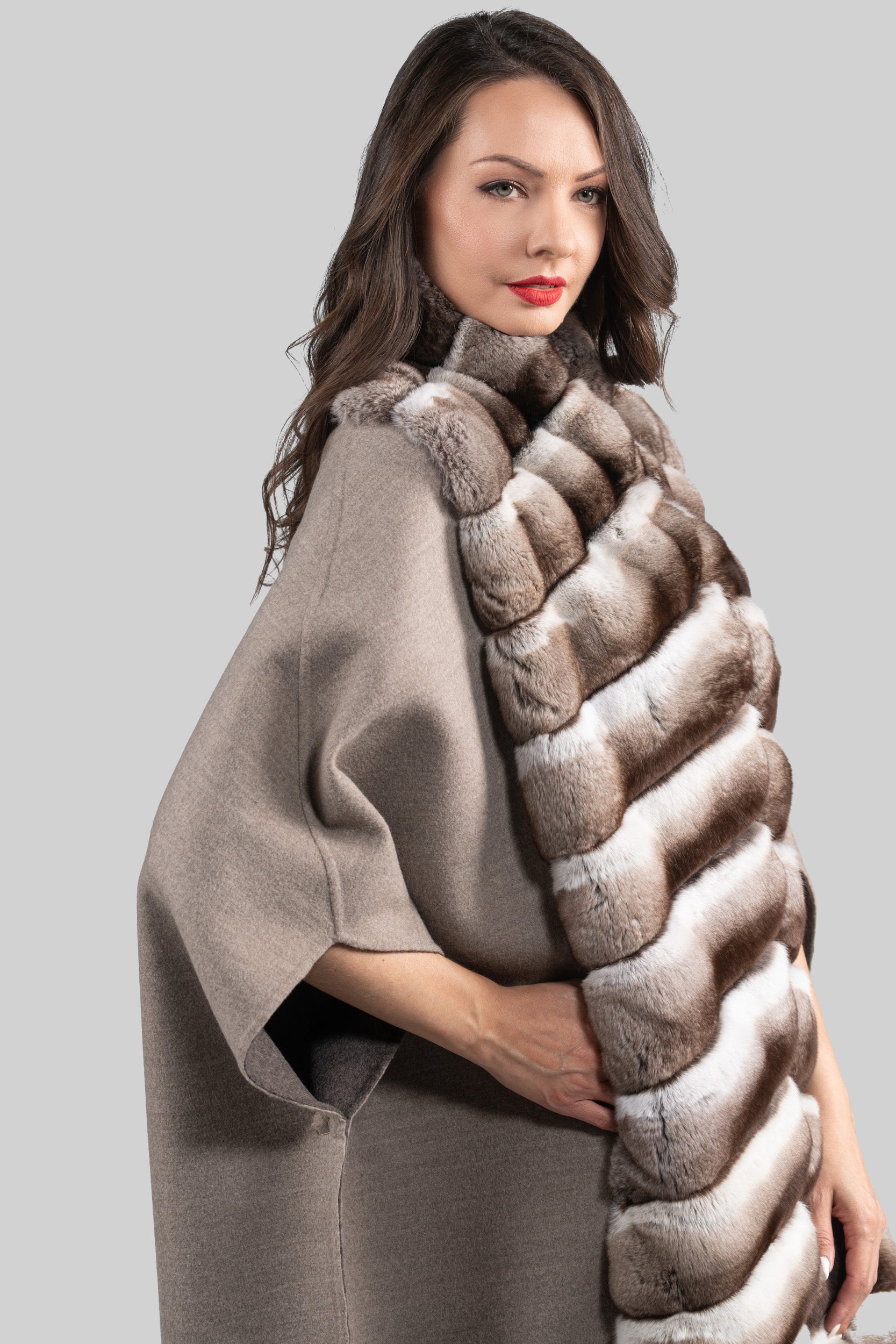 Grey Brown Cashmere Cape with Chinchilla Trim 18M950