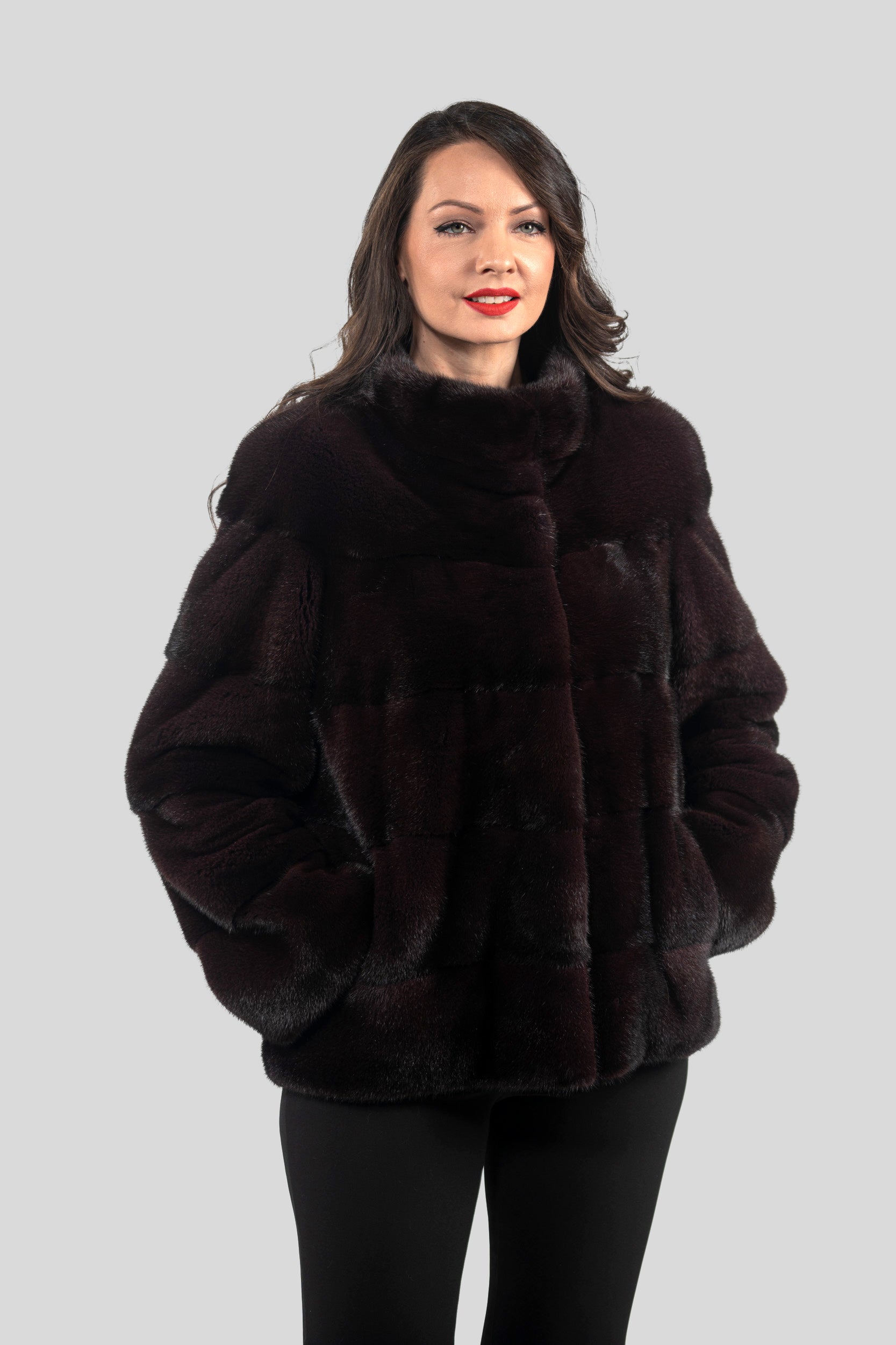 Bordeaux Mink Jacket with Stand Collar P/K13C528