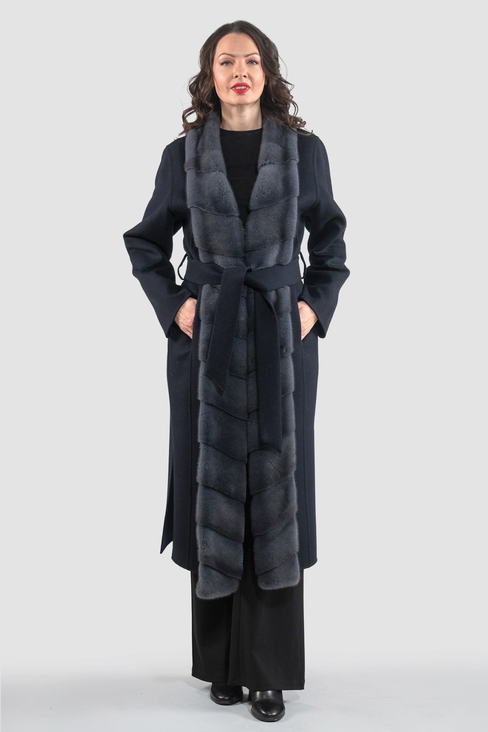 Blue Black Cashmere Coat with Mink Trim 3321