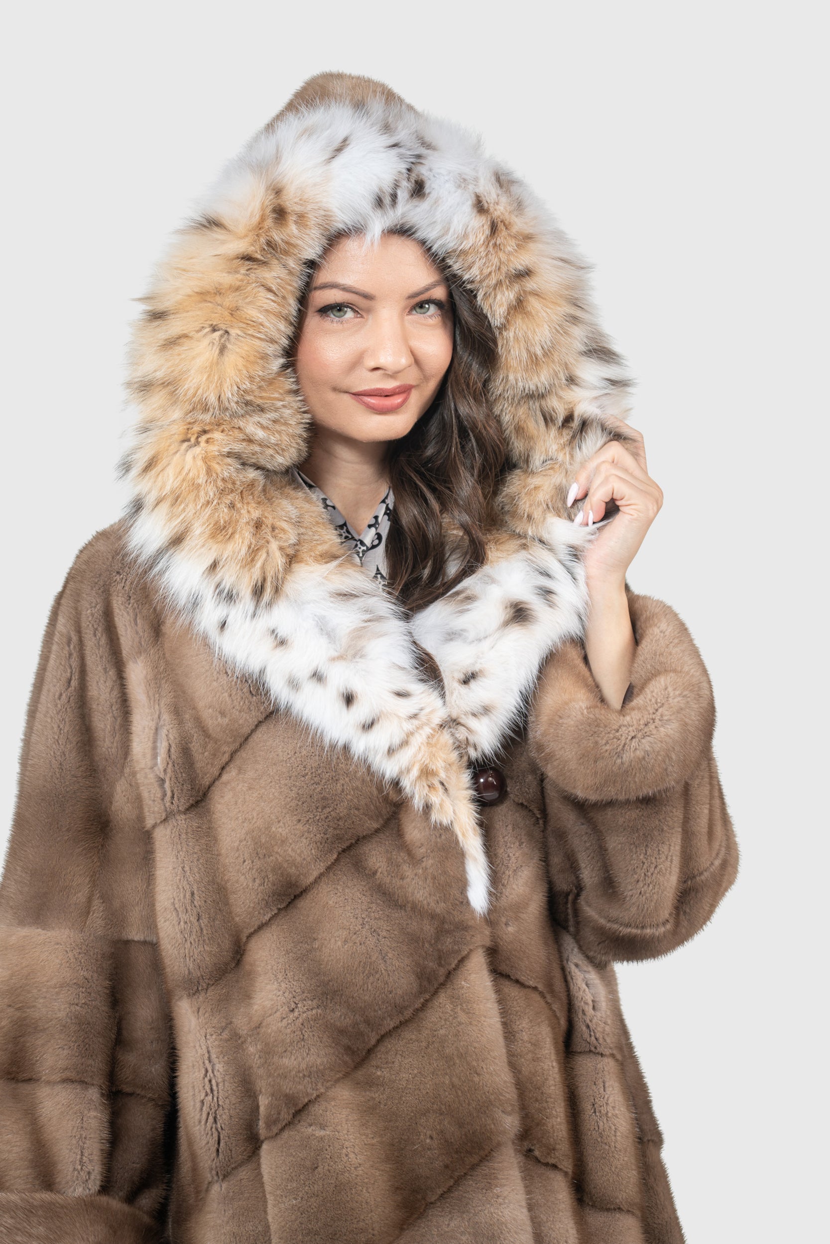 Pastel Mink Coat with Bobcat Hood A/K13C850