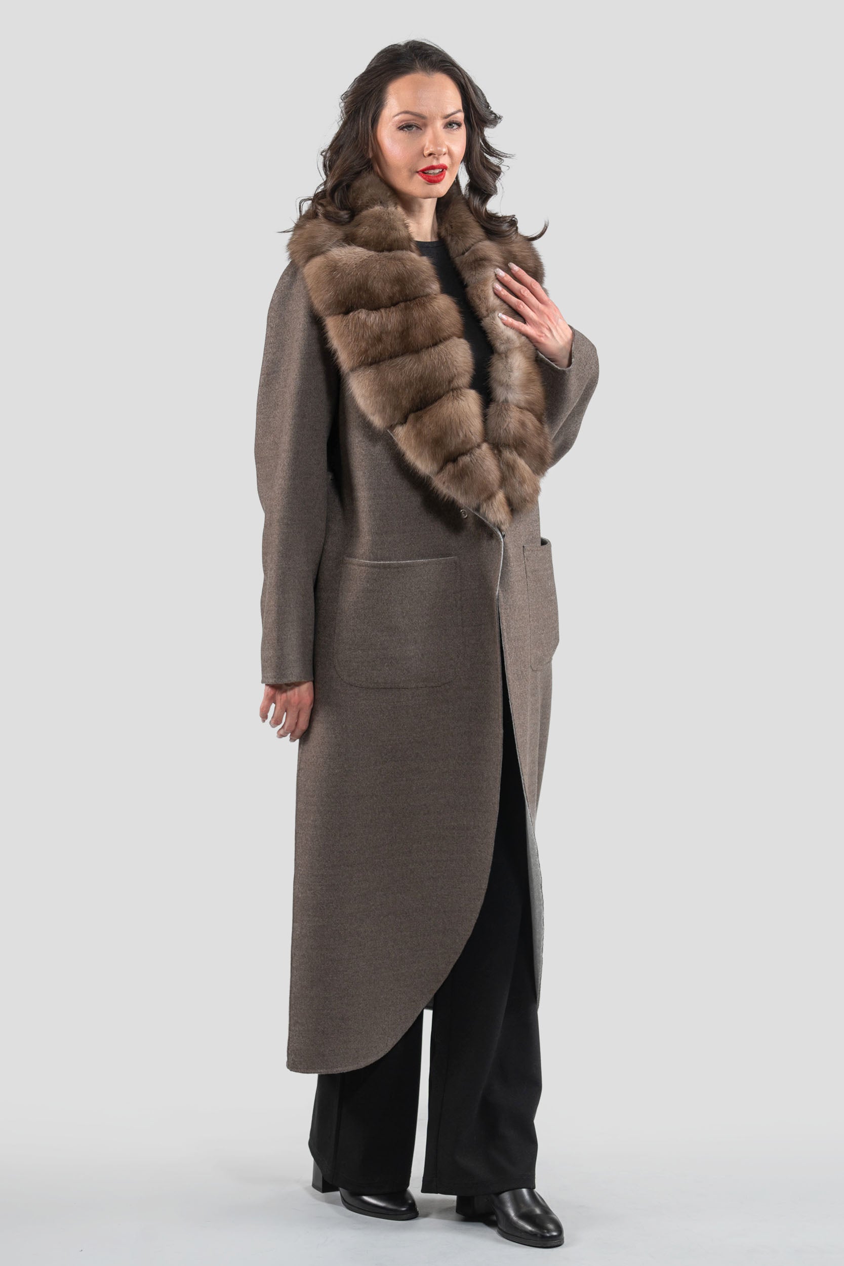 Brown Grey Cashmere Coat with Russian Sable Notch Collar 20C8060S20o