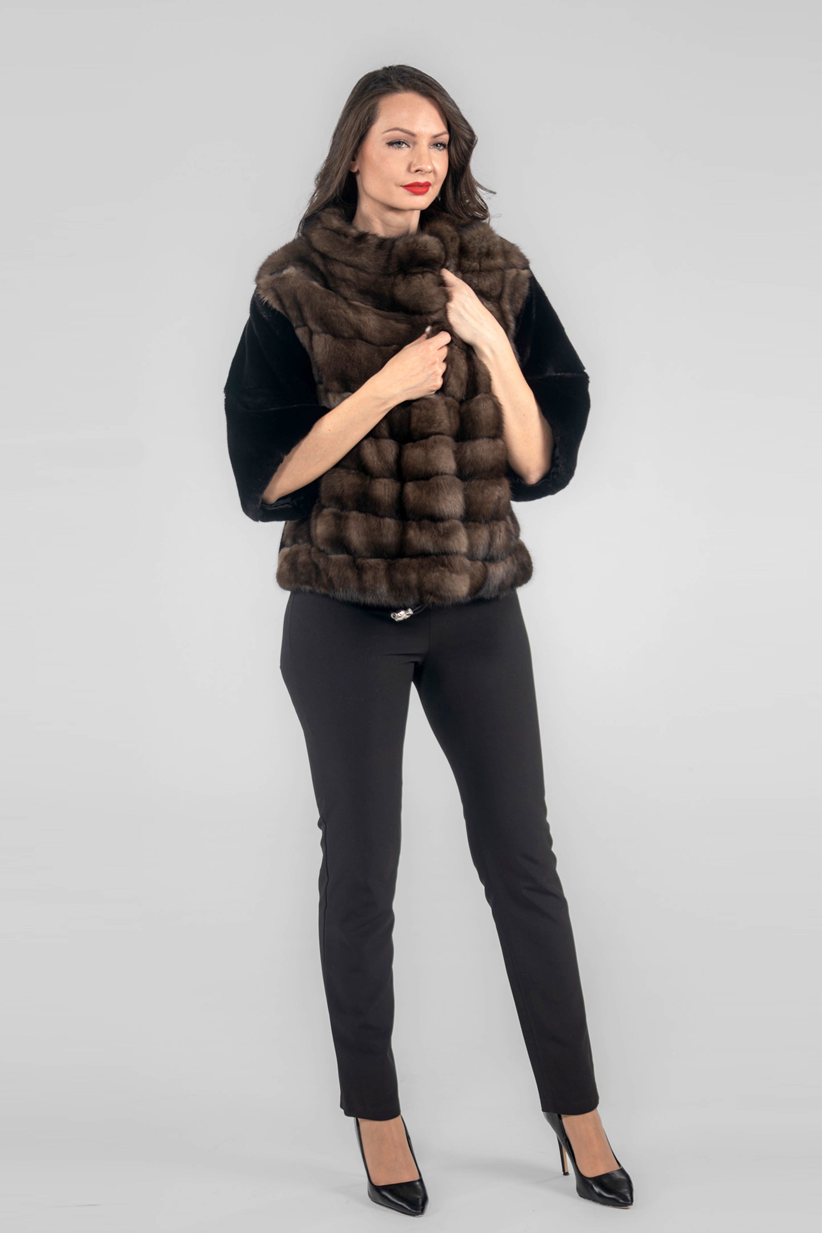 Short Sleeve Blackglama Mink Jacket with Stand Collar and Russian Sable Trim L/O16C728