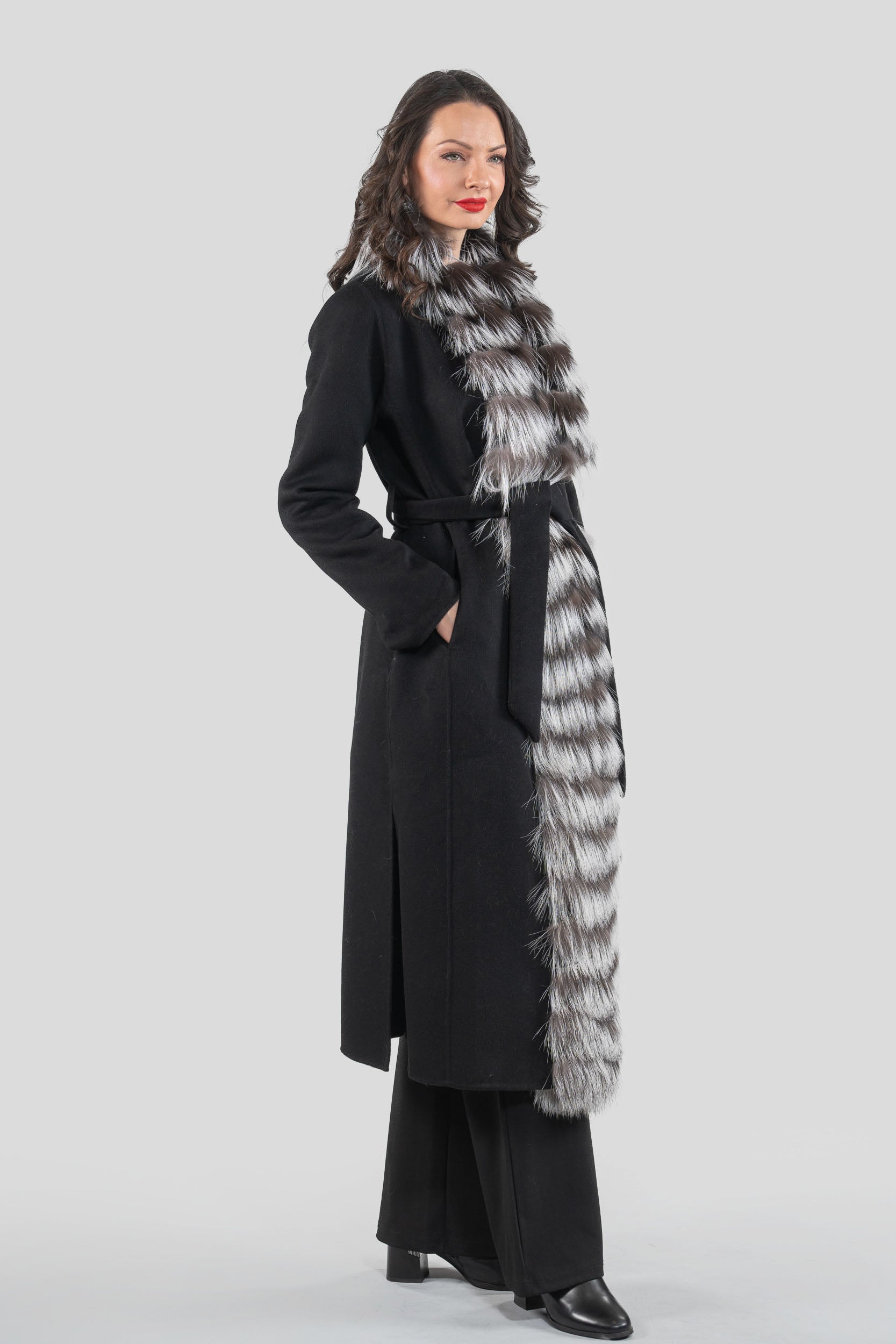 Black Cashmere Coat with Fox Trim 21C6080