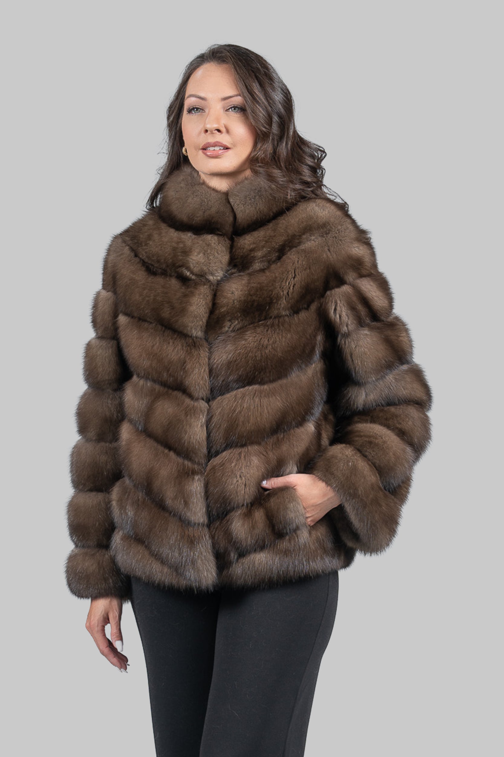 Graphite Russian Sable Chevron Jacket with Stand Collar V/K13C528