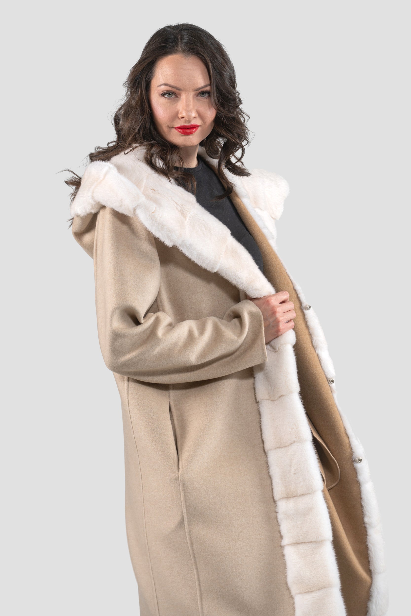 Ecru Beige Cashmere Hooded Coat with Mink Trim 21C6080H540