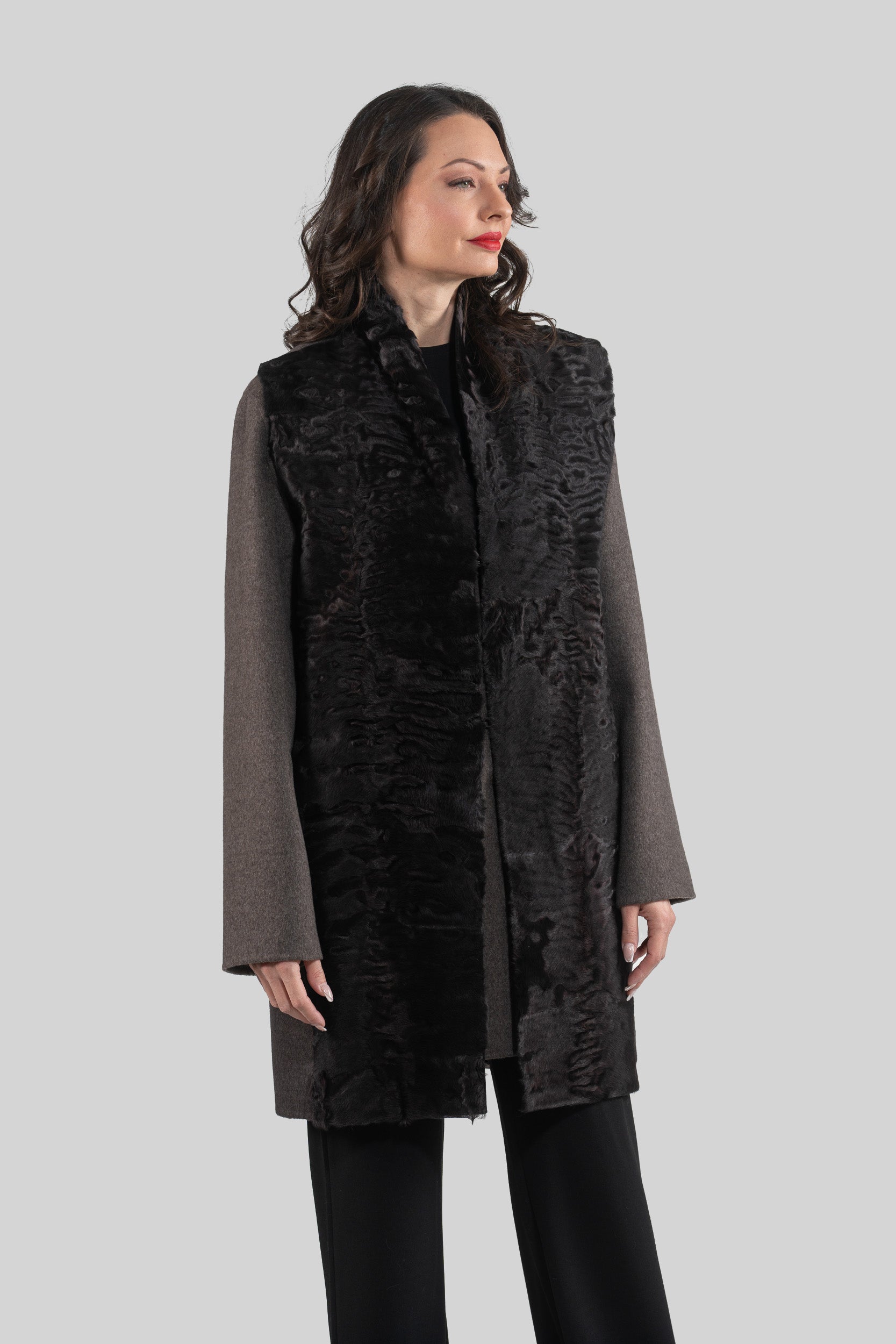 Grey Cashmere Half Coat & Vest with Swakara Fur Trim 17C8003