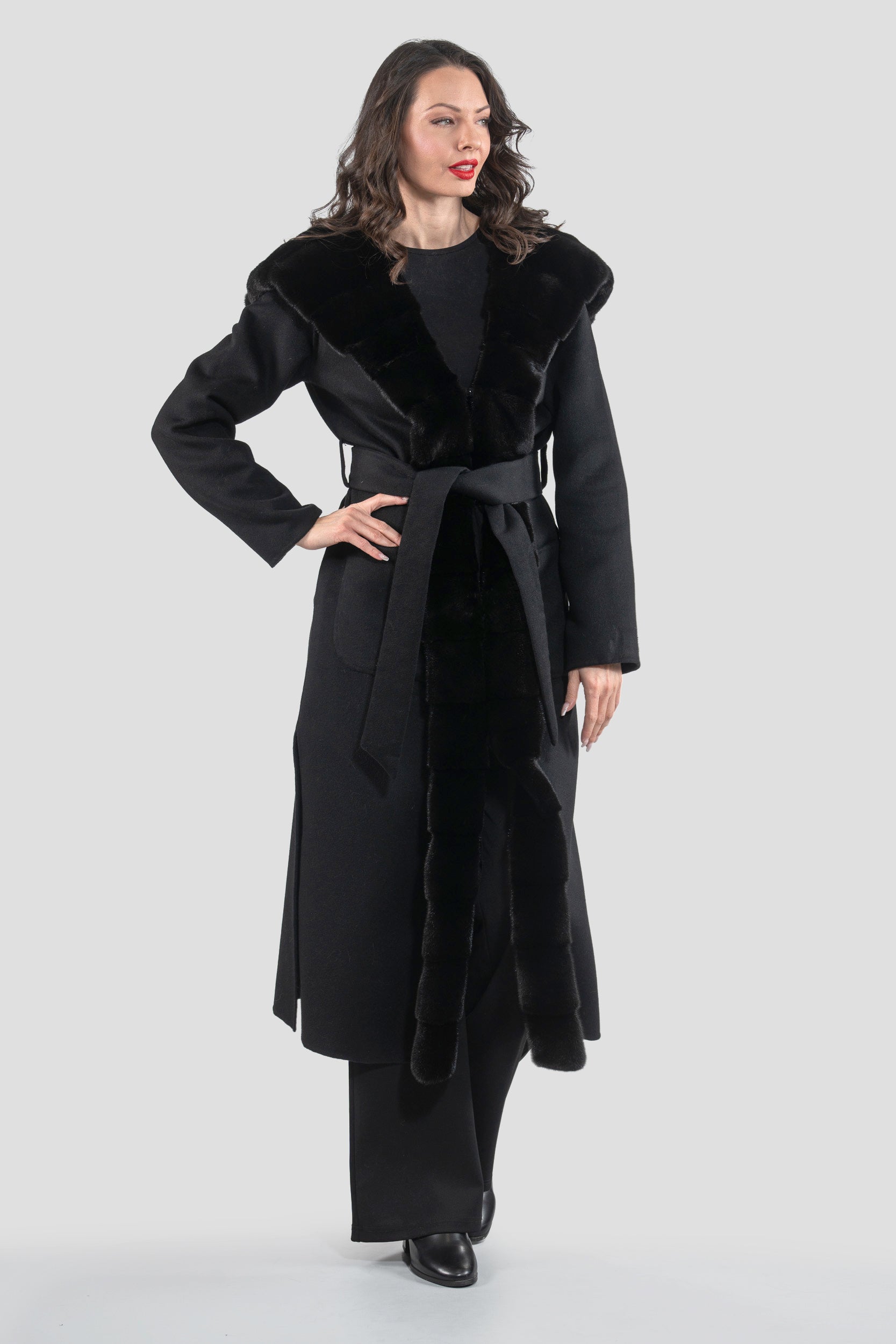 Black Cashmere Hooded Coat with Mink Trim 21C6080H