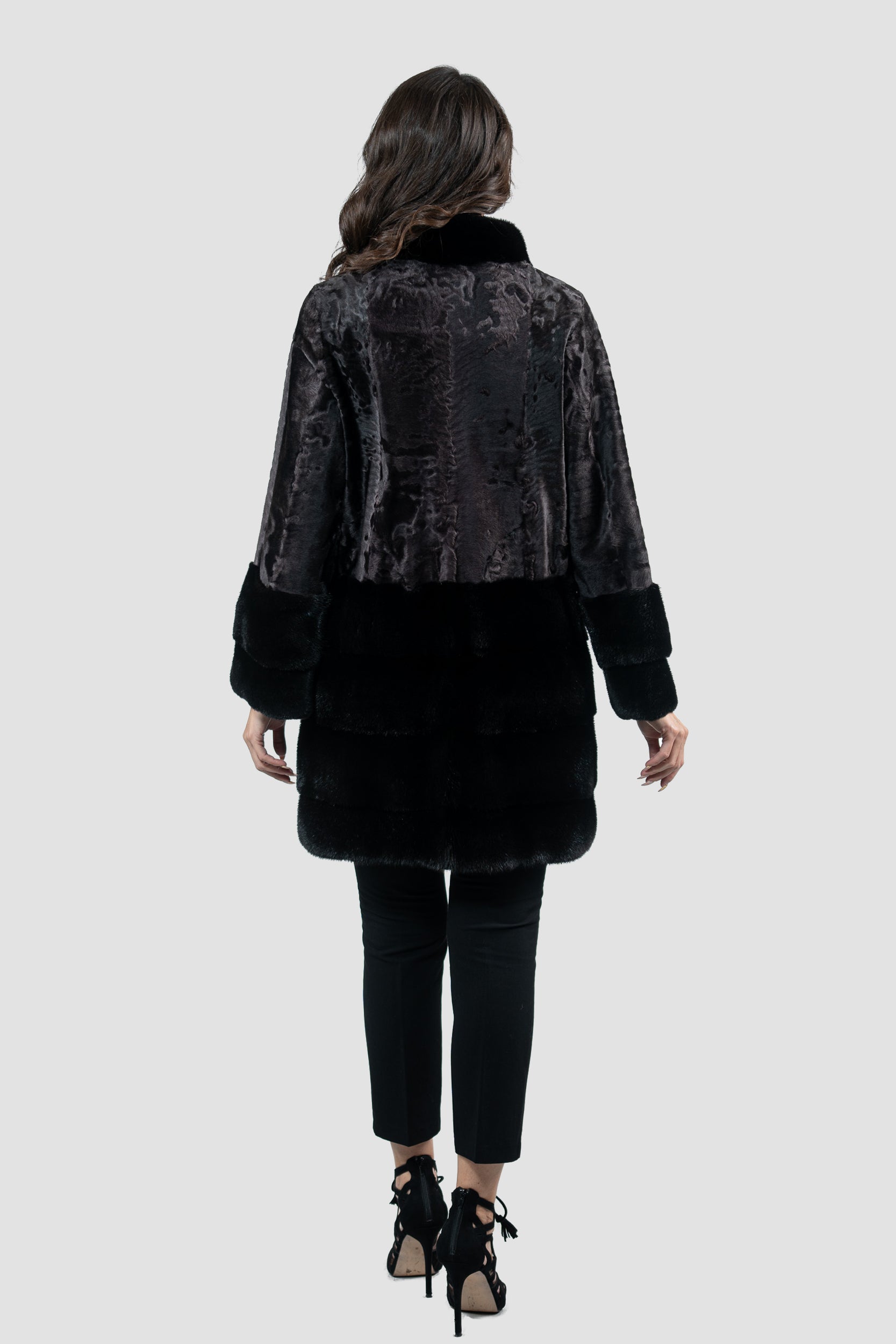 Gray Moon Swakara Half Coat with Mink Trim S/SR/K16C733