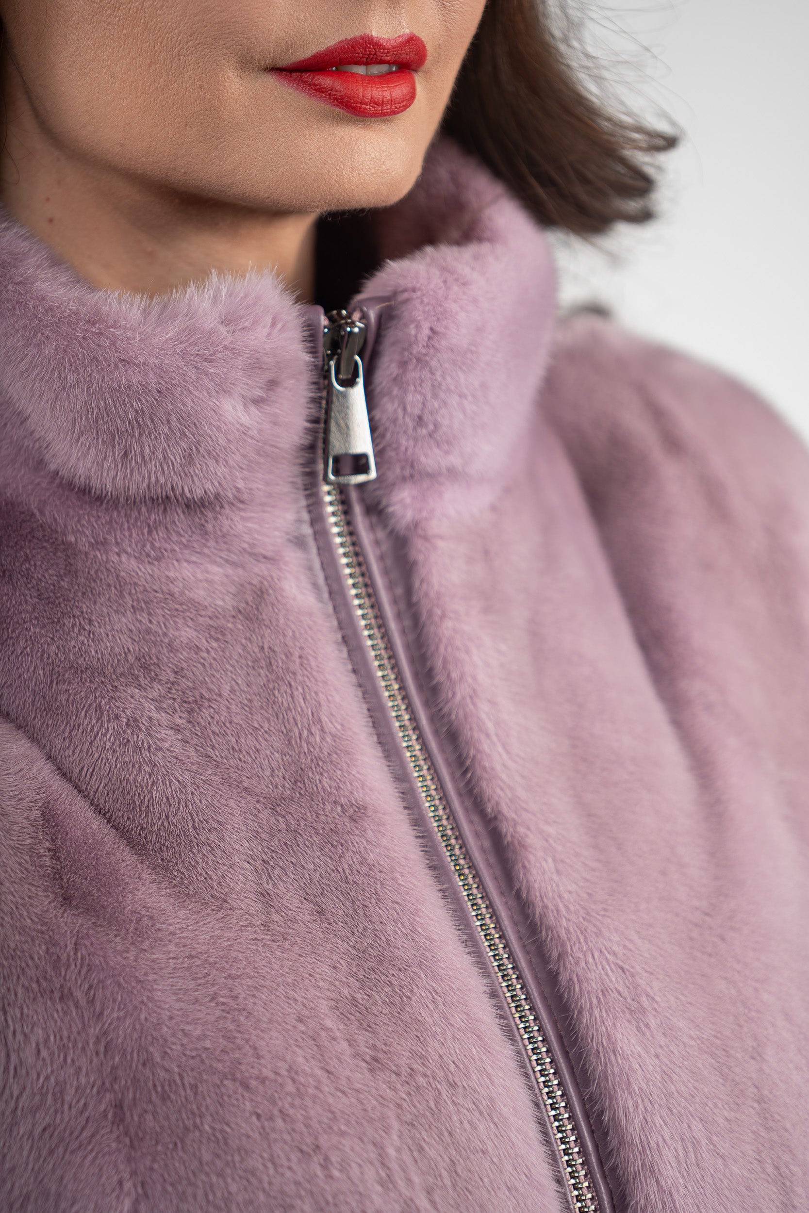 Dark Violet Mink Bomber Jacket with Stand Collar L/O13C224