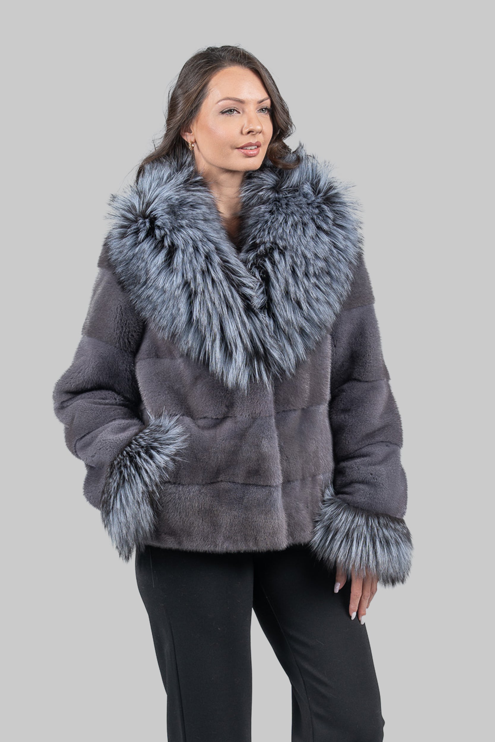 Grey Moon Mink Jacket with Fox Fur Trim P/K13C528s20