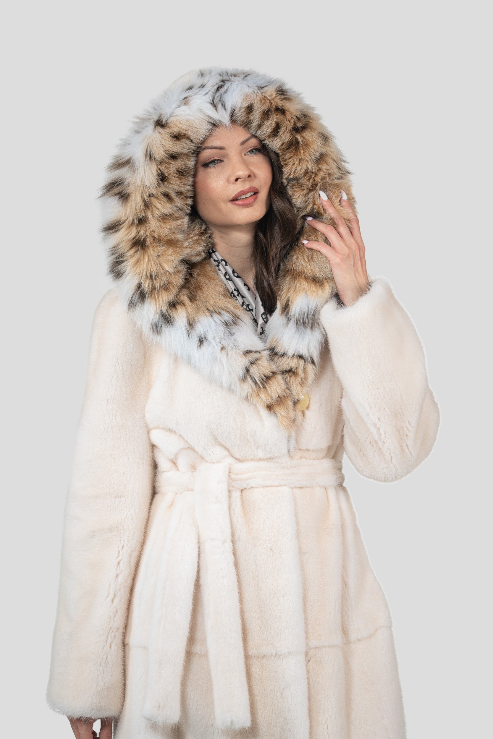 Pearl Mink Coat with Bobcat Hood S/S13C978