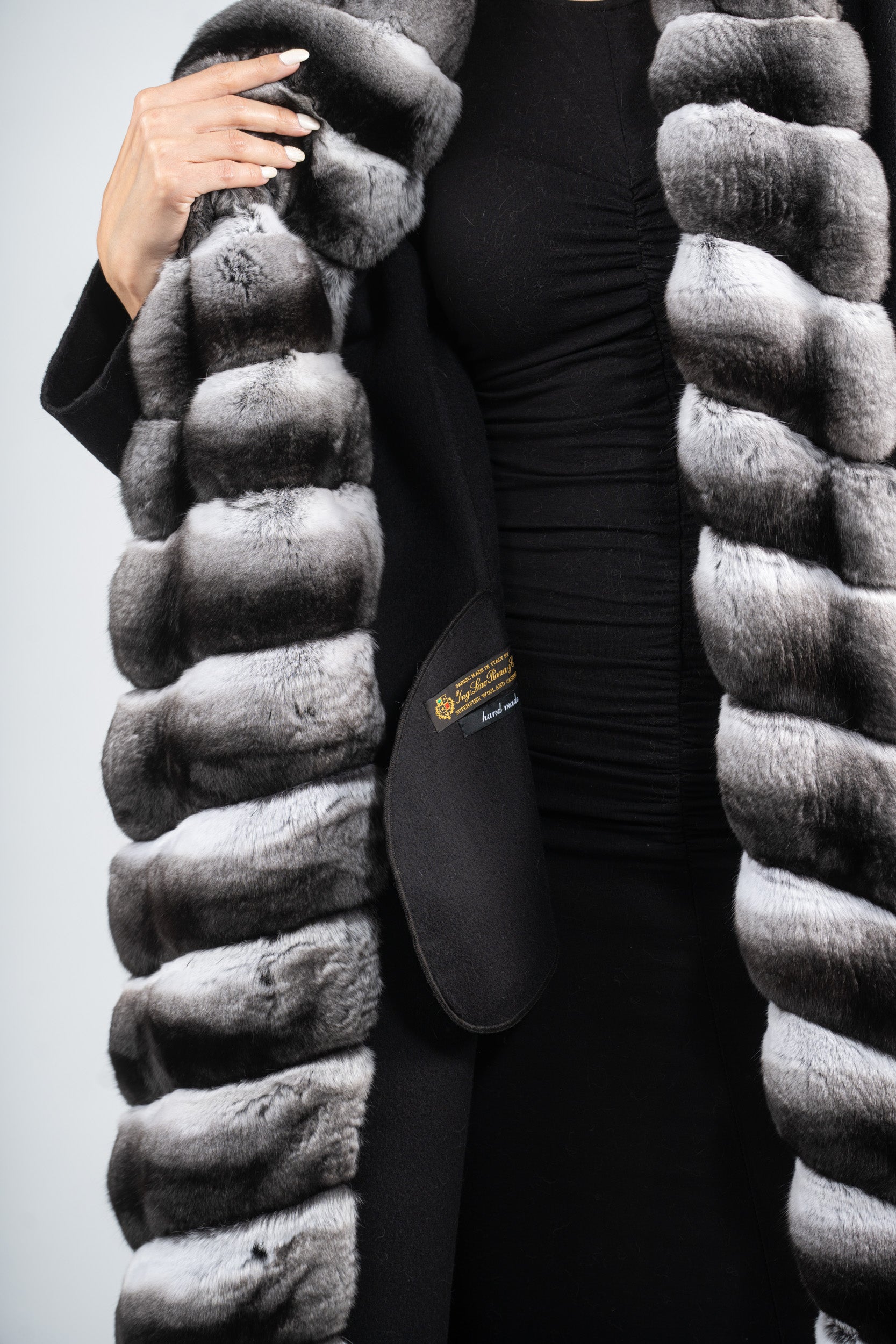 Black Cashmere Coat with Chinchilla Trim 21C3321