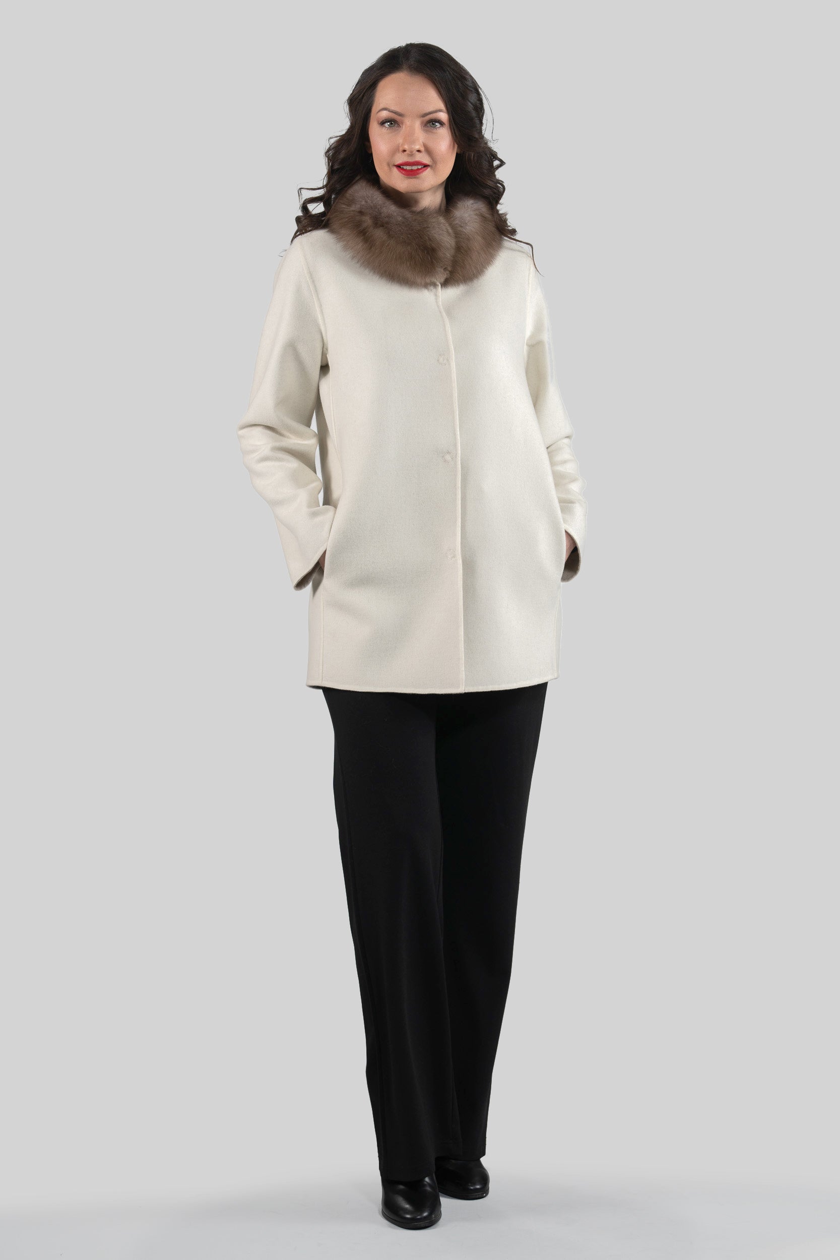 White Cashmere Jacket with Russian Sable Trimmed Stand Collar 17C8003G530