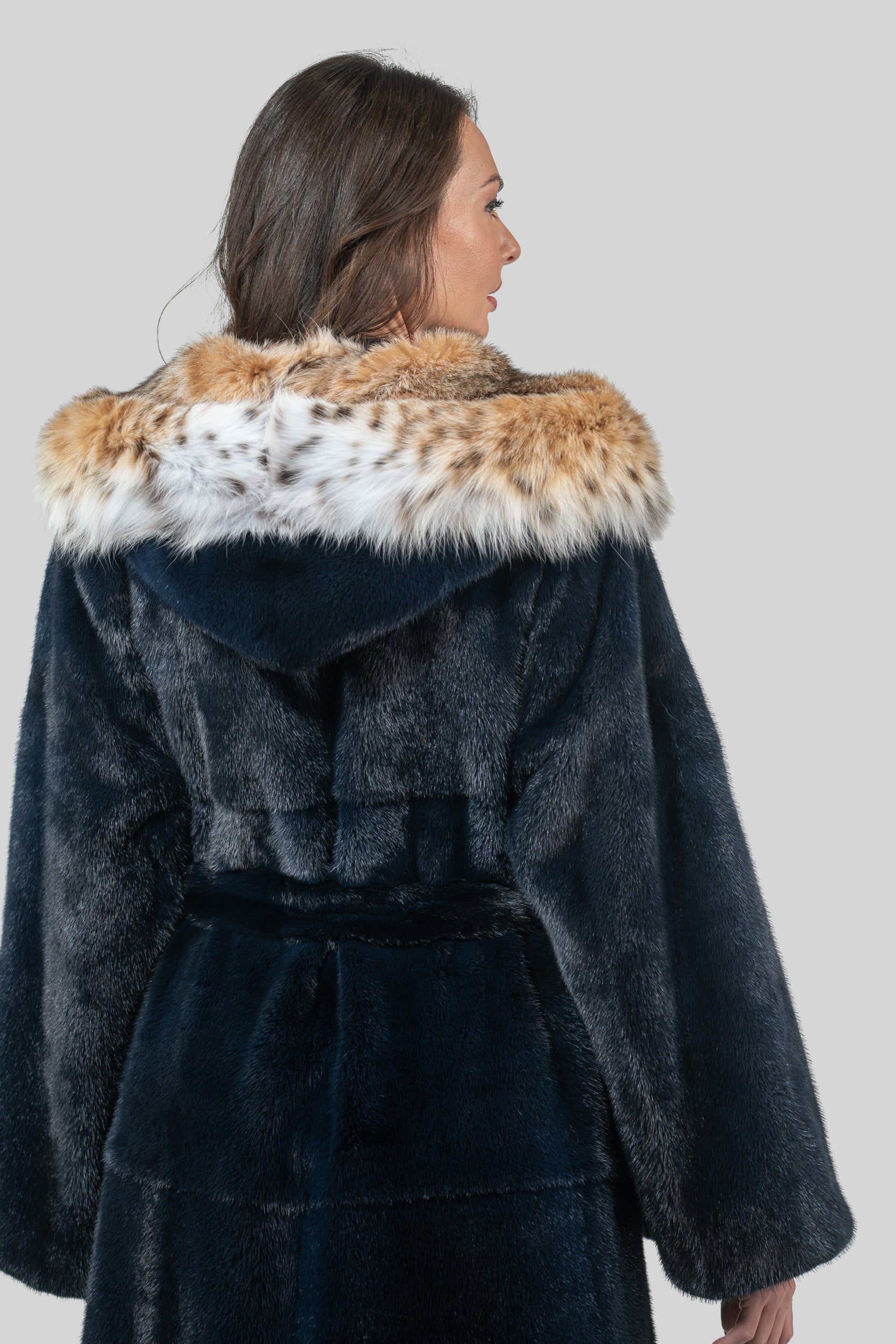 Blue Black Mink Coat with Bobcat Hood S/S13C978