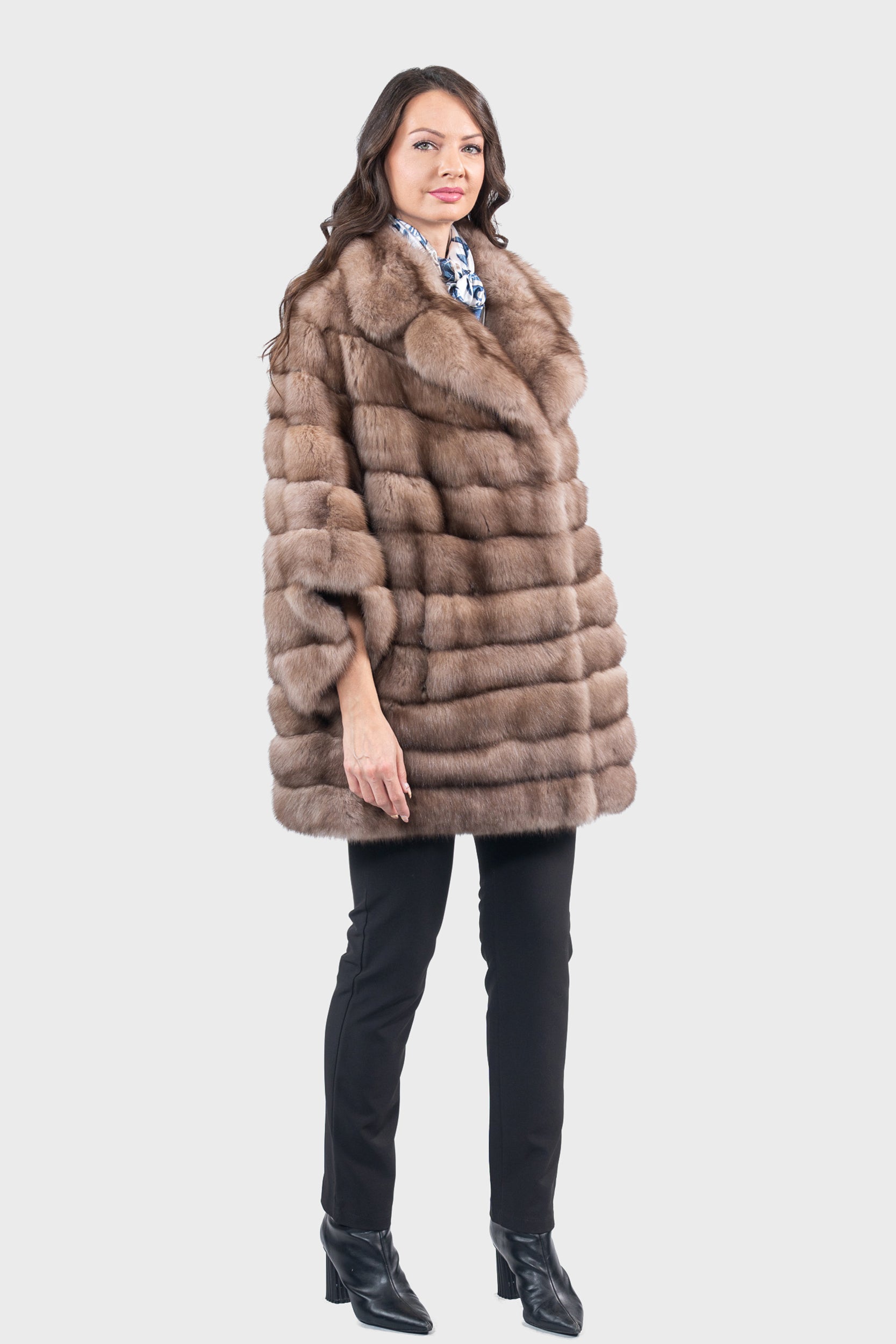 Graphite Russian Sable Cape with Notch Collar P/K13C929