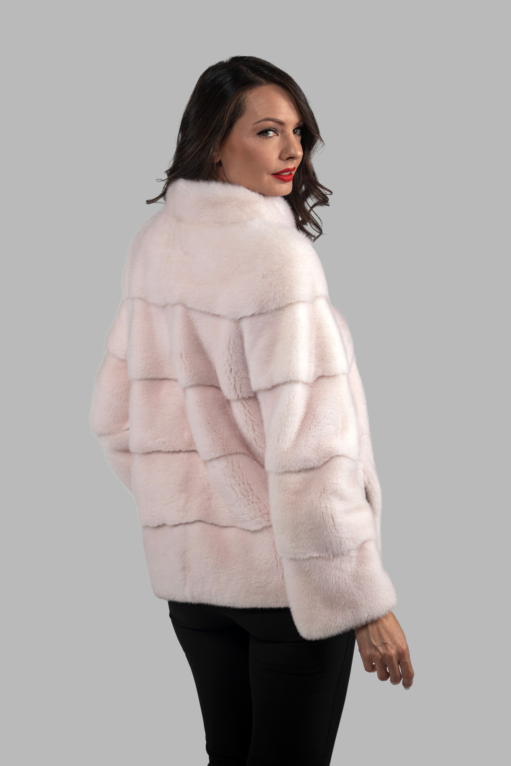 Powder Pink Mink Jacket with Stand Collar P/K13C528