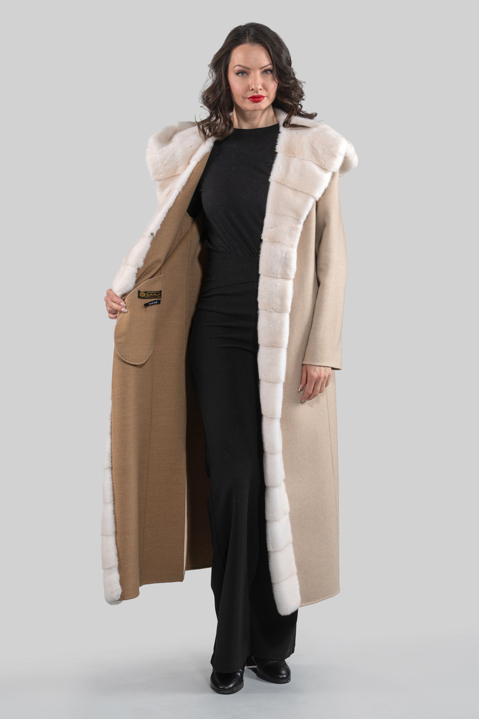 Ecru Beige Cashmere Hooded Coat with Mink Trim 21C6080H540