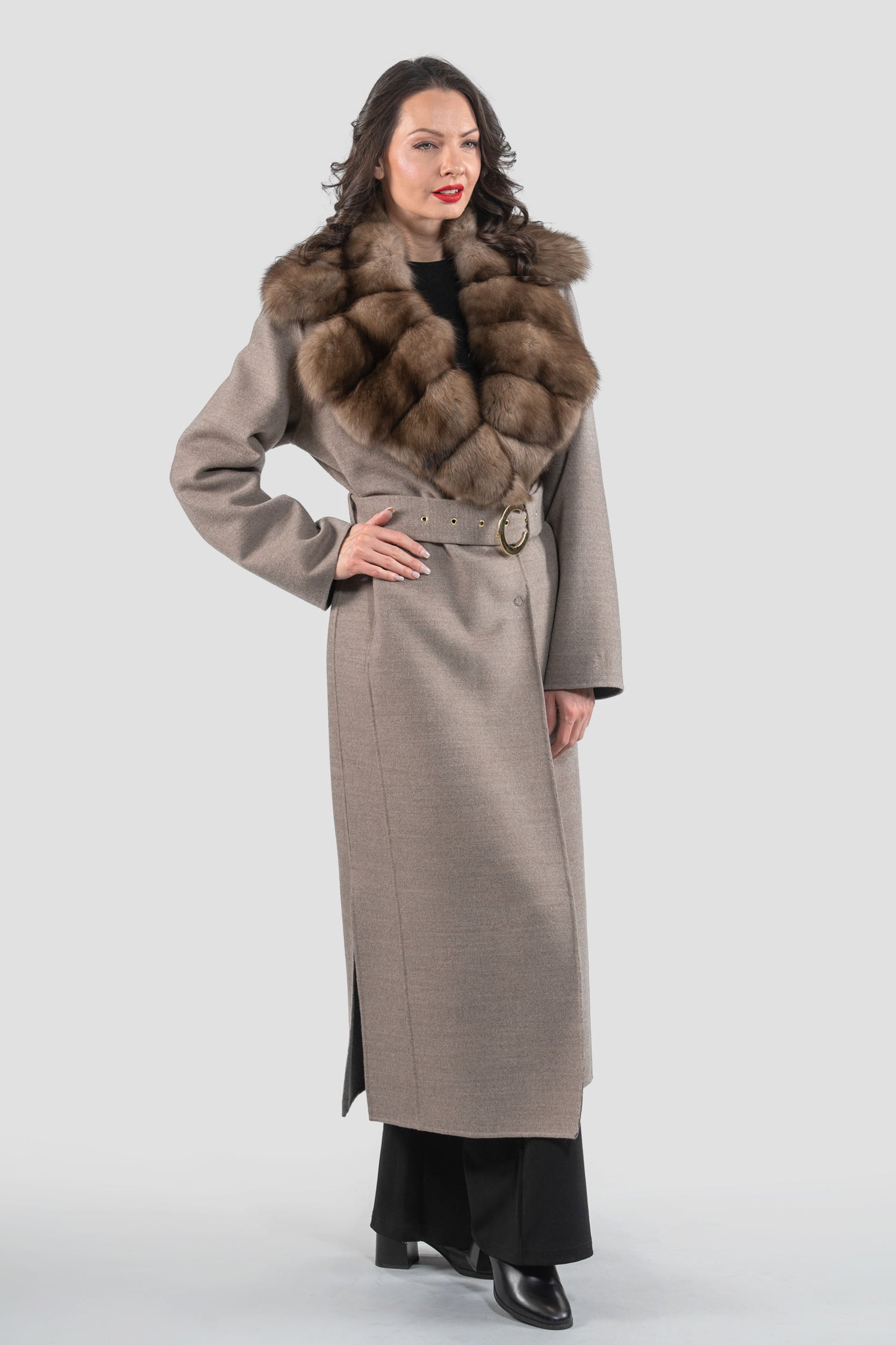 Grey Brown Cashmere Coat with Russian Sable Notch Collar 20C8060S20
