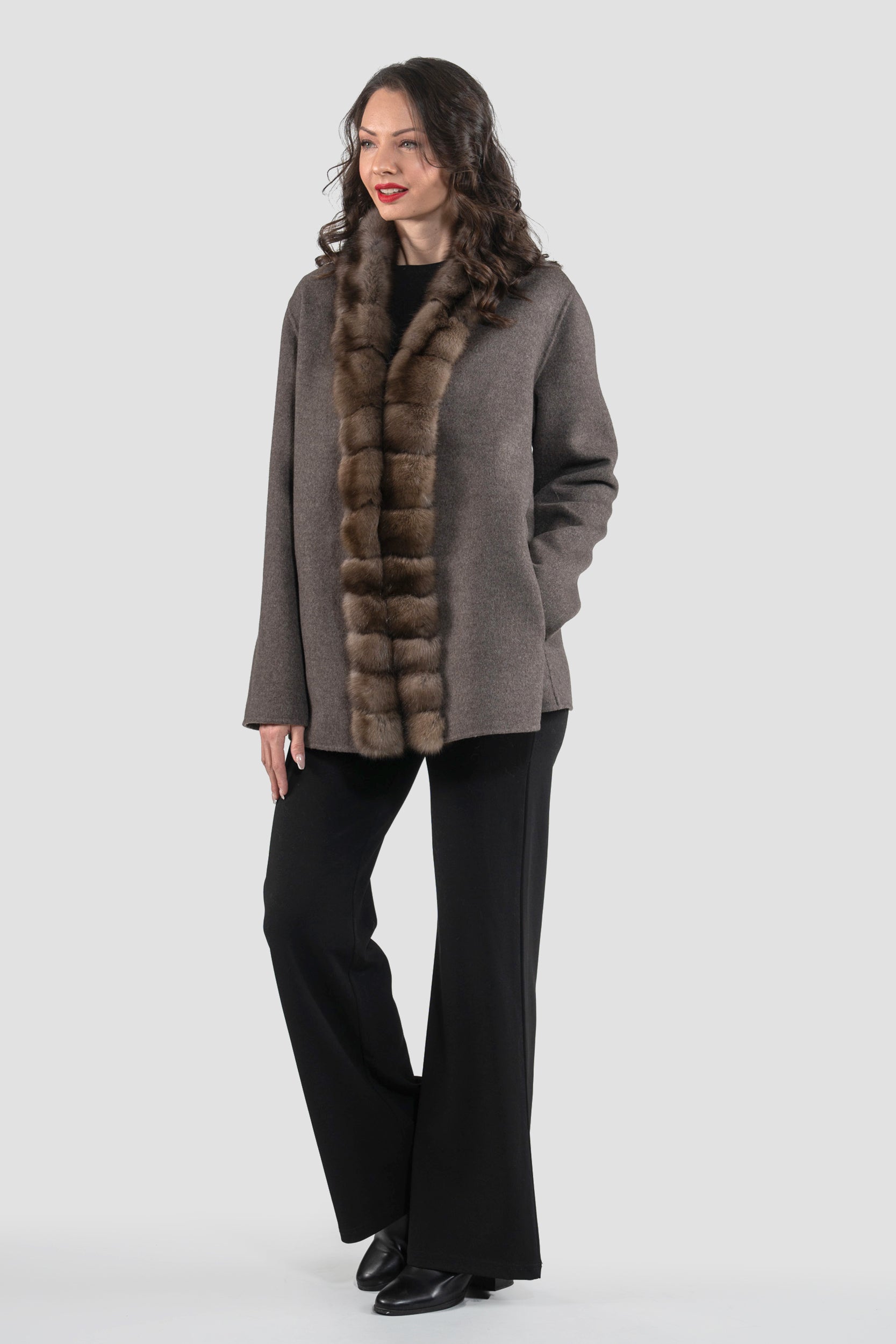 Brown Grey Cashmere Jacket with Russian Sable Trim 21C6080