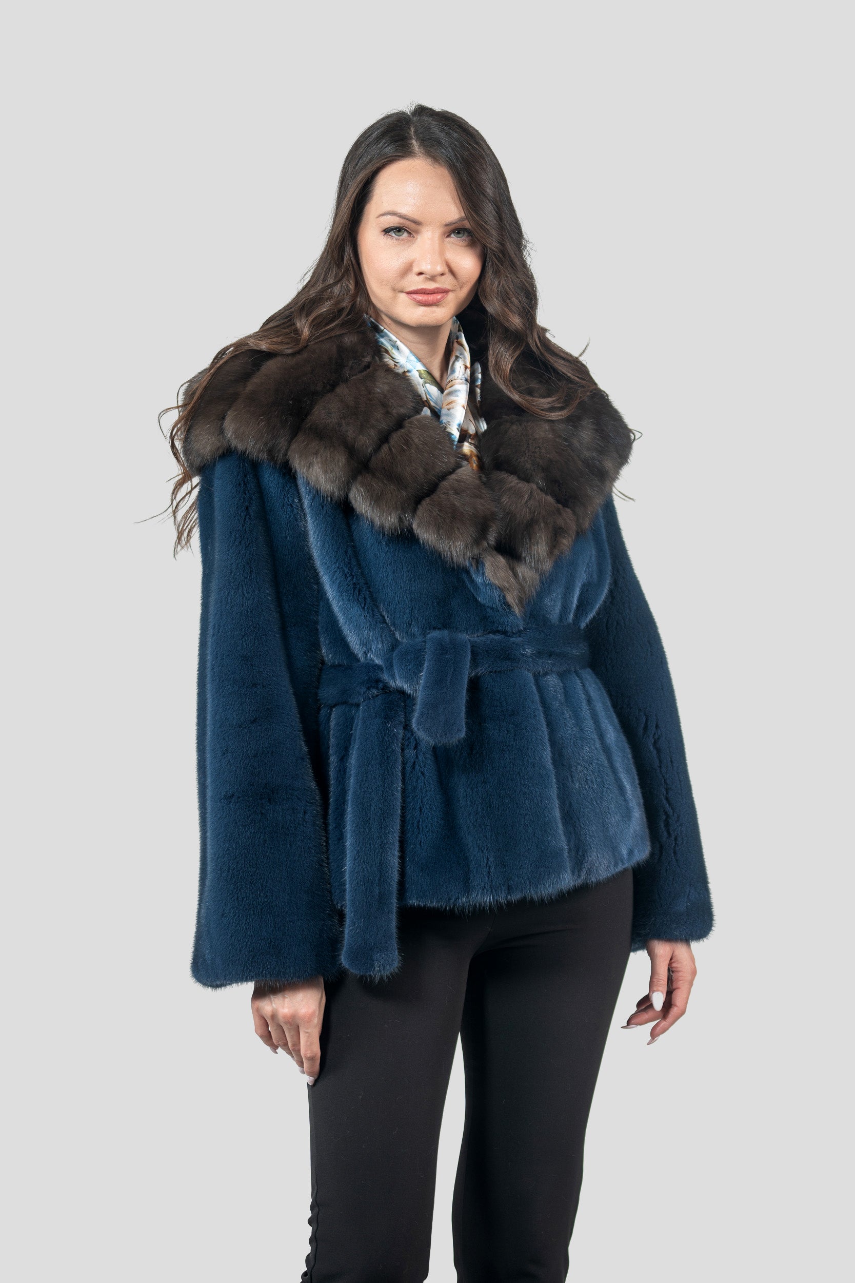 Blue Jean Mink Half Coat with Russian Sable Hood L/O13C978
