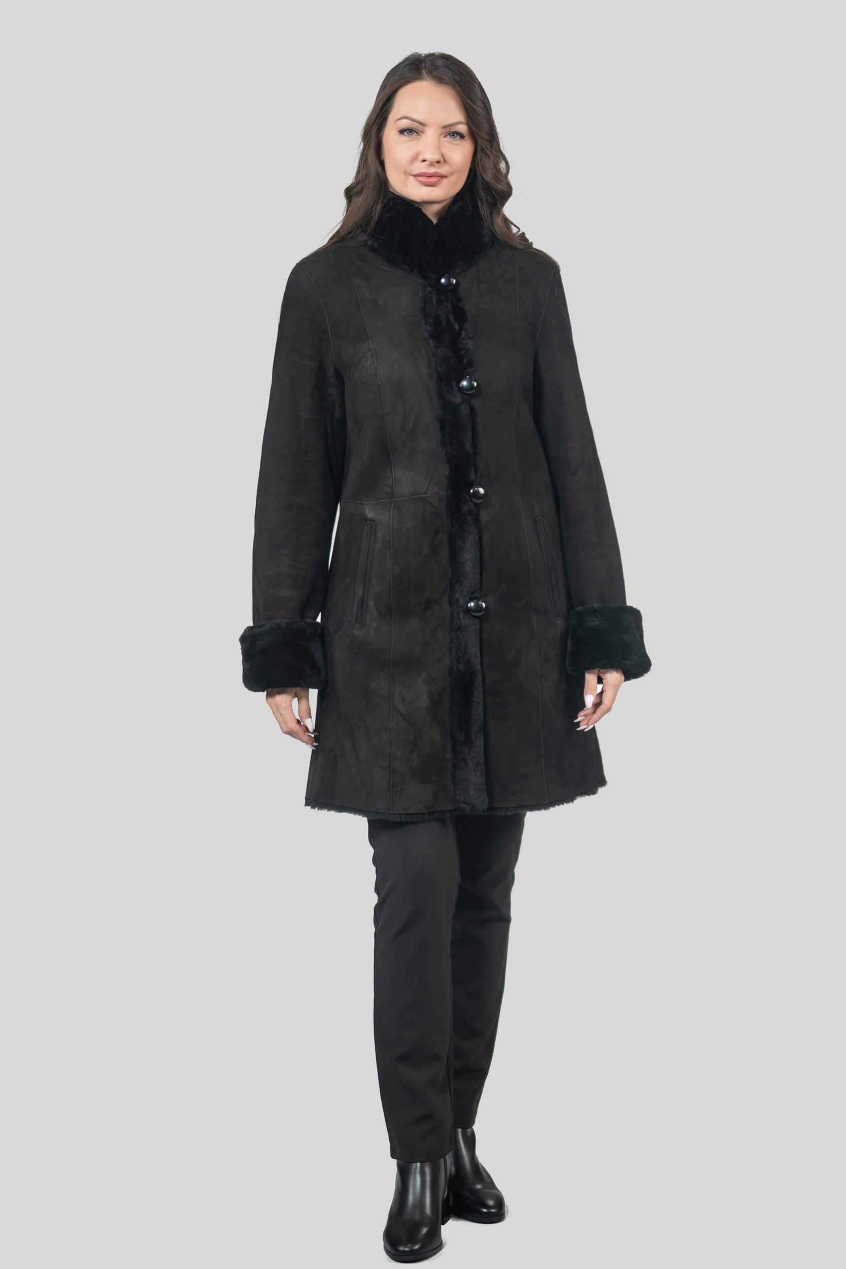 Black Half Coat In Spanish Merino with Stand Collar 207